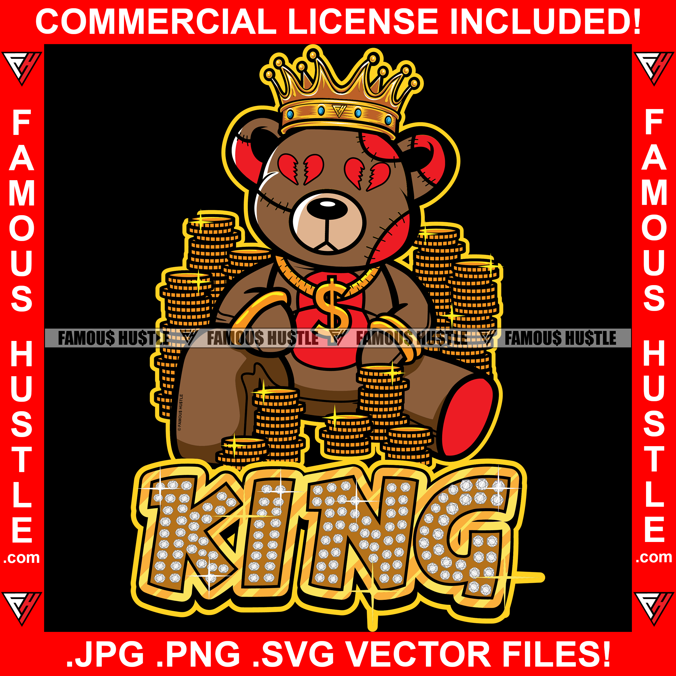 King Gangster Teddy Bear Gold Coins Broken Heart Eyes Dollar Sign Gold Necklace Chain Jewelry Bling Tattoo Hip Hop Rap Plug Trap Street Hood Ghetto Swag Thug Drip Dripping Quote Art Graphic Design Logo T-Shirt Print Printing JPG PNG SVG Vector Cut File