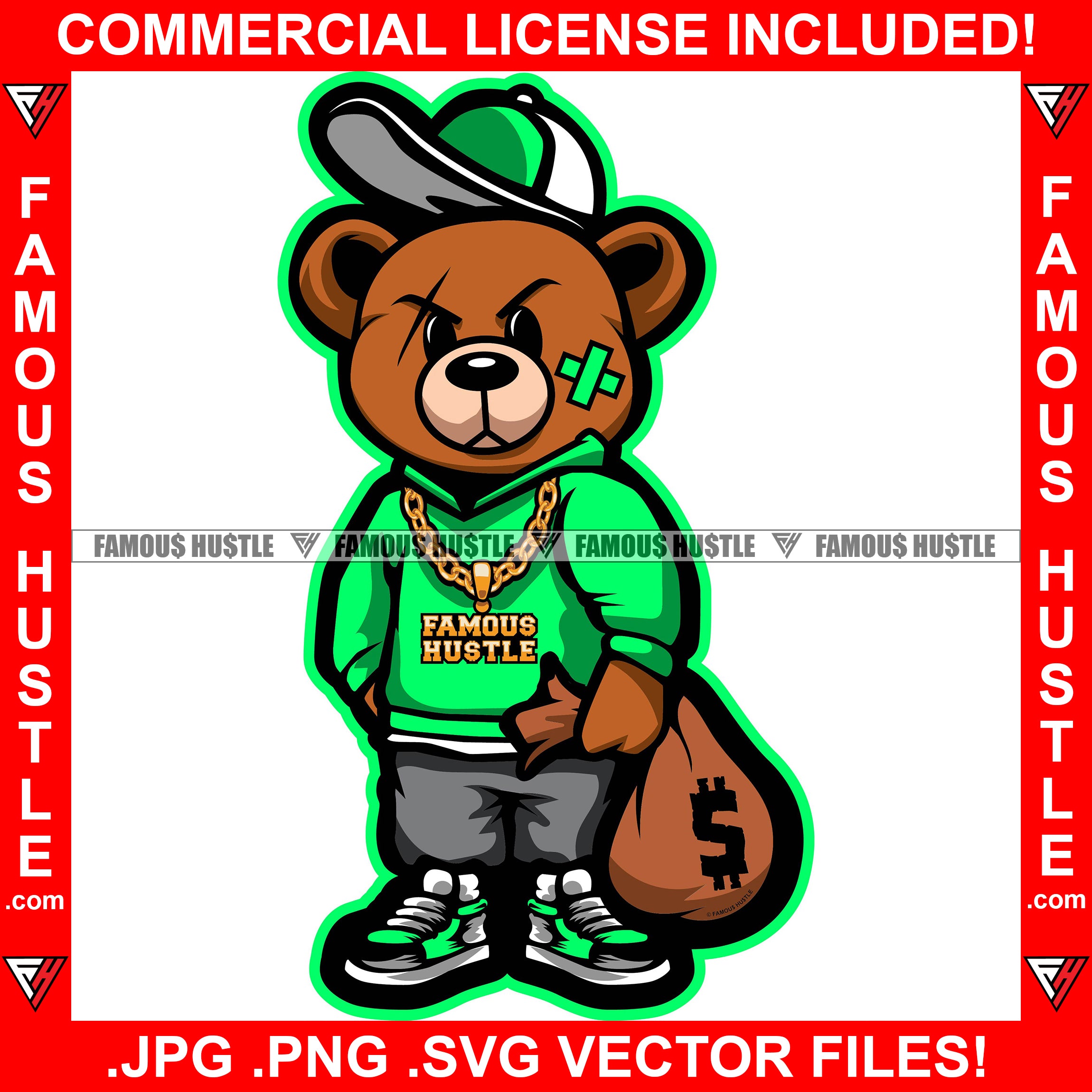 Got Money Gangster Teddy Bear Scar Face Cap Cash Money Bag Sneakers Gold Necklace Hip Hop Rap Hustler Drip Plug Trap Hood Rapper Dope Baller Trapper Hustling Art Graphic Design Logo T-Shirt Print Printing JPG PNG SVG Vector Cut File
