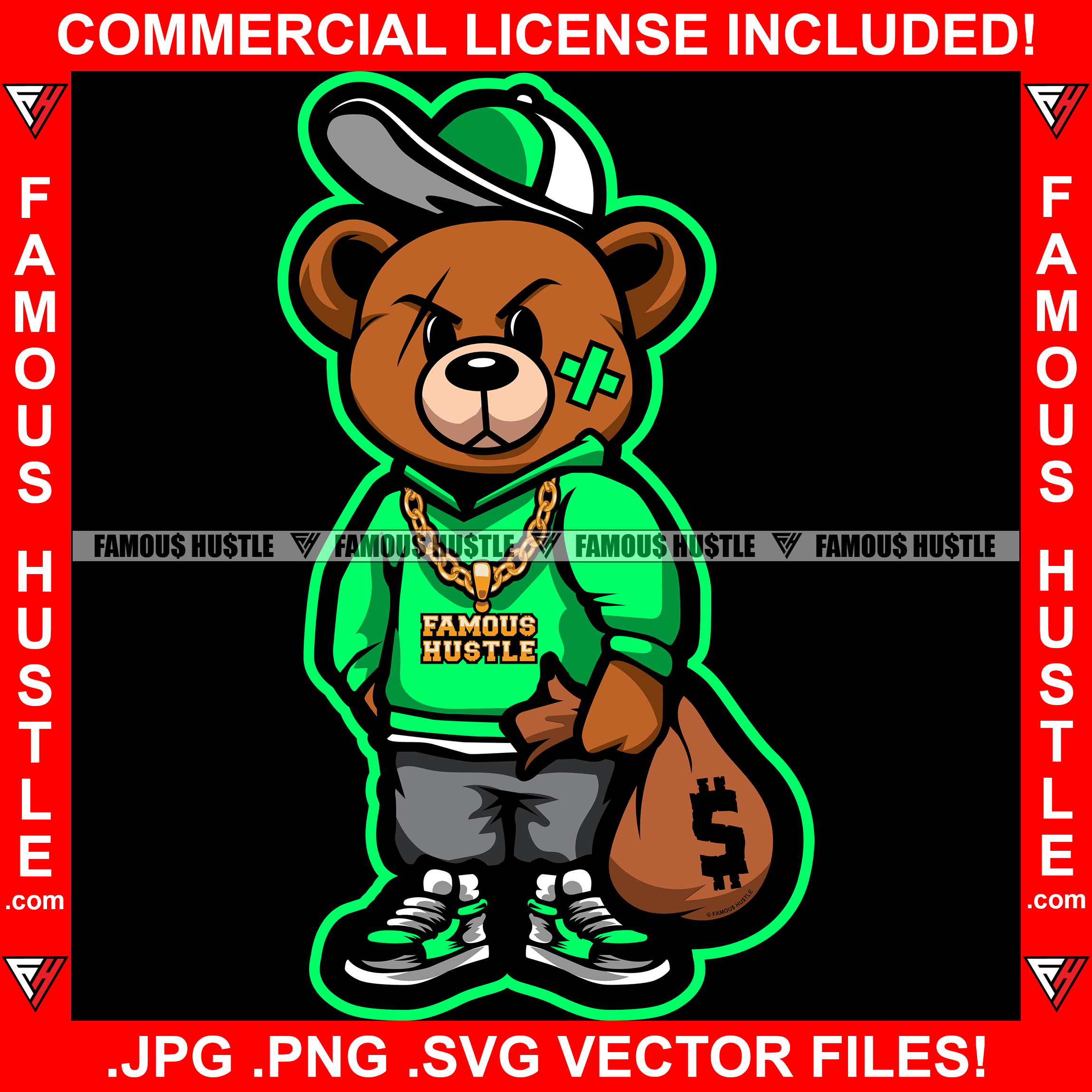 Got Money Gangster Teddy Bear Scar Face Cap Cash Money Bag Sneakers Gold Necklace Hip Hop Rap Hustler Drip Plug Trap Hood Rapper Dope Baller Trapper Hustling Art Graphic Design Logo T-Shirt Print Printing JPG PNG SVG Vector Cut File