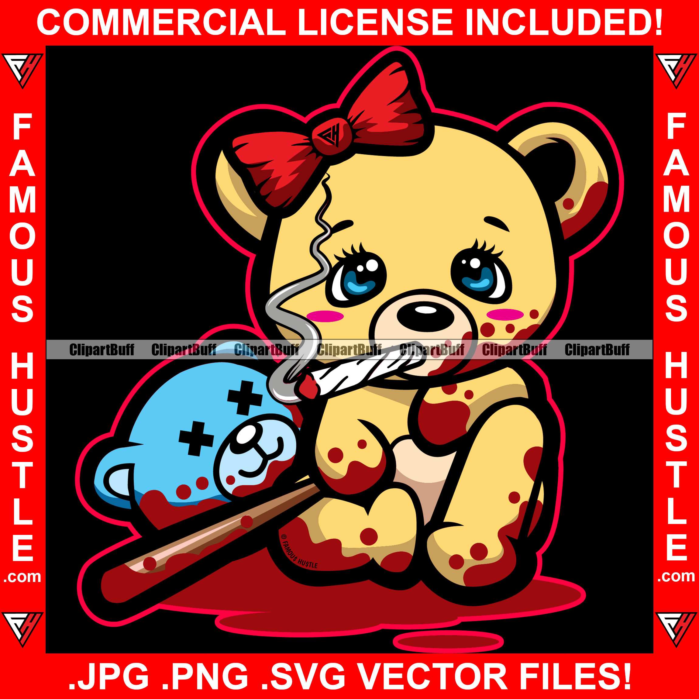 Cute Female Gangster Teddy Bear Smoking Marijuana Joint Bloody Baseball Bat Cutting Op Opp Heads Off Drip Swag Plug Trap Hood Thug Gang Street Famous Hustle Art Graphic Design Logo T-Shirt Print Printing JPG PNG SVG Vector Cut File