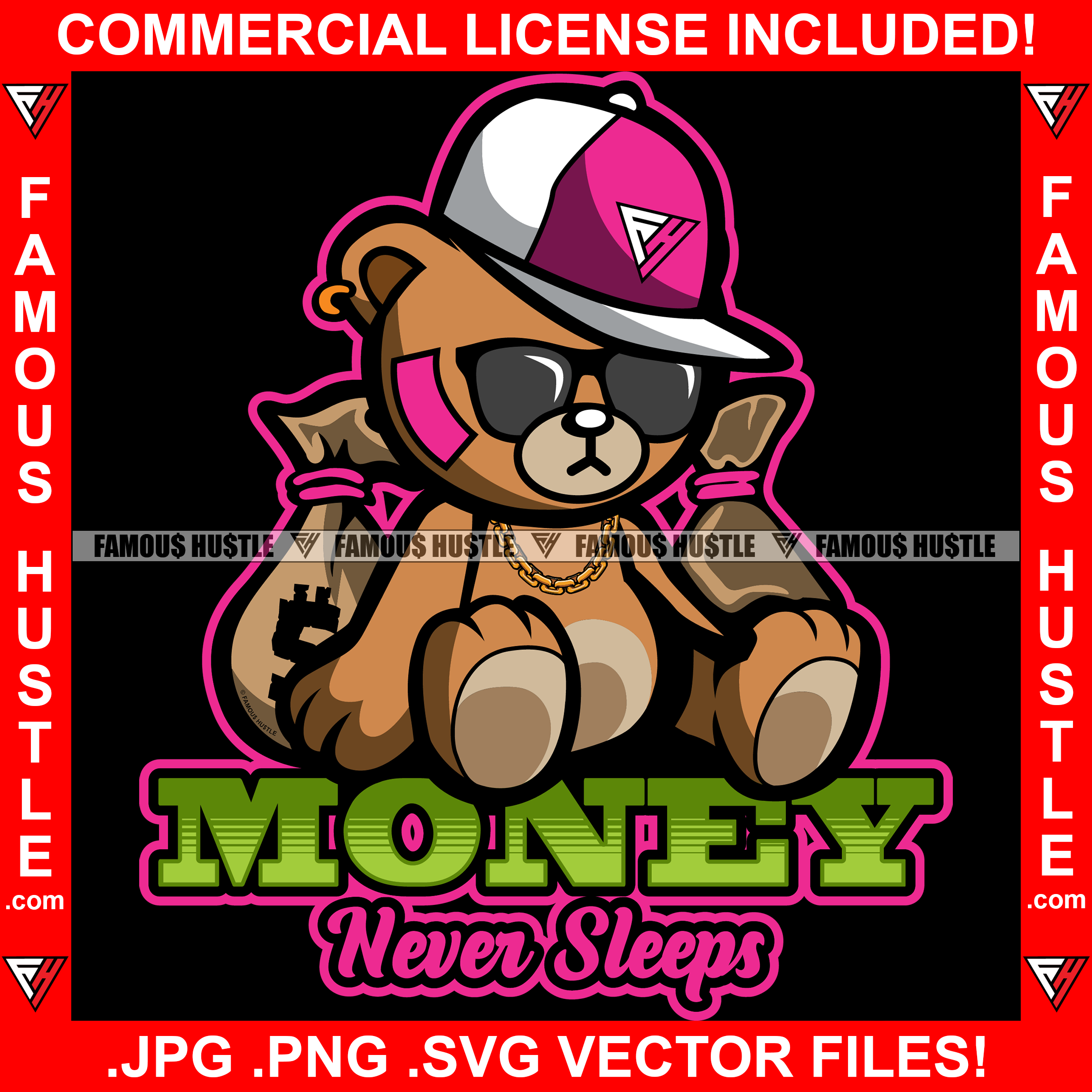 Money Never Sleeps Gangster Teddy Bear Black Glasses Cap Hat Gold Jewelry Cash Bags Hip Hop Rap Plug Trap Street Hood Ghetto Swag Thug Hustler Hustling Famous Hustle Rich Art Graphic Design Logo T-Shirt Print Printing JPG PNG SVG Vector Cut File