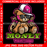 Money Never Sleeps Gangster Teddy Bear Black Glasses Cap Hat Gold Jewelry Cash Bags Hip Hop Rap Plug Trap Street Hood Ghetto Swag Thug Hustler Hustling Famous Hustle Rich Art Graphic Design Logo T-Shirt Print Printing JPG PNG SVG Vector Cut File