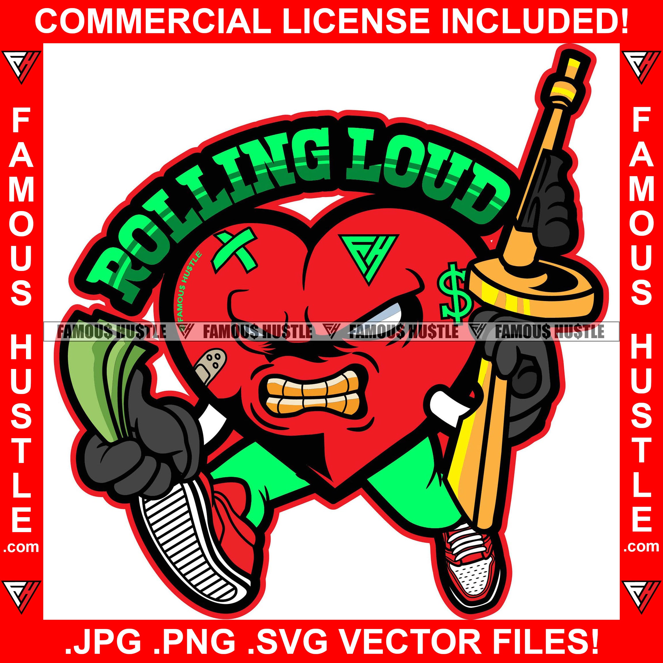 Rolling Loud Mean Angry Red Heart Gold Teeth Gun Cartoon Character Scar Face Bandage Cigarette Baseball Bat White Eyes Cash Money Tattoo Hip Hop Rap Trap Street Thug Flex Drip Boss Famous Hustle Quote Art Graphic Design Print Printing Vector SVG Cut File