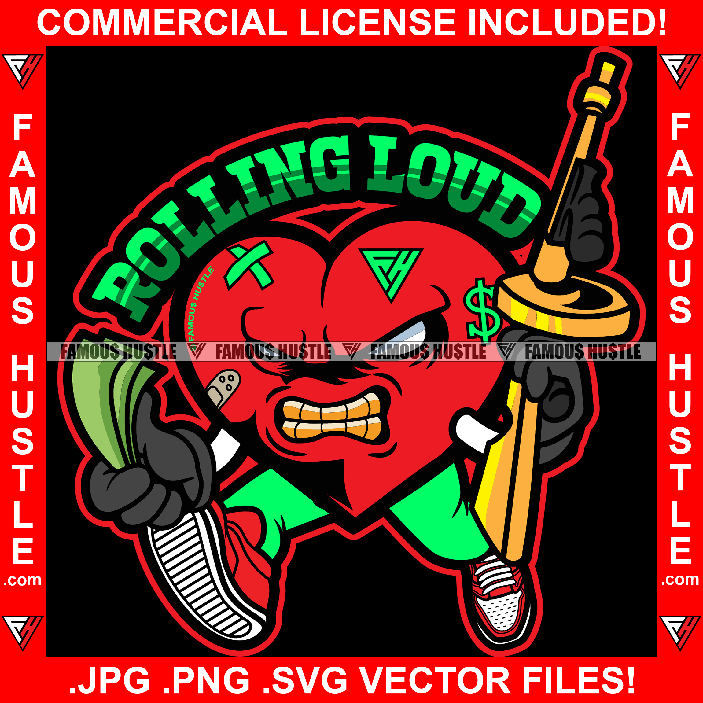 Rolling Loud Mean Angry Red Heart Gold Teeth Gun Cartoon Character Scar Face Bandage Cigarette Baseball Bat White Eyes Cash Money Tattoo Hip Hop Rap Trap Street Thug Flex Drip Boss Famous Hustle Quote Art Graphic Design Print Printing Vector SVG Cut File
