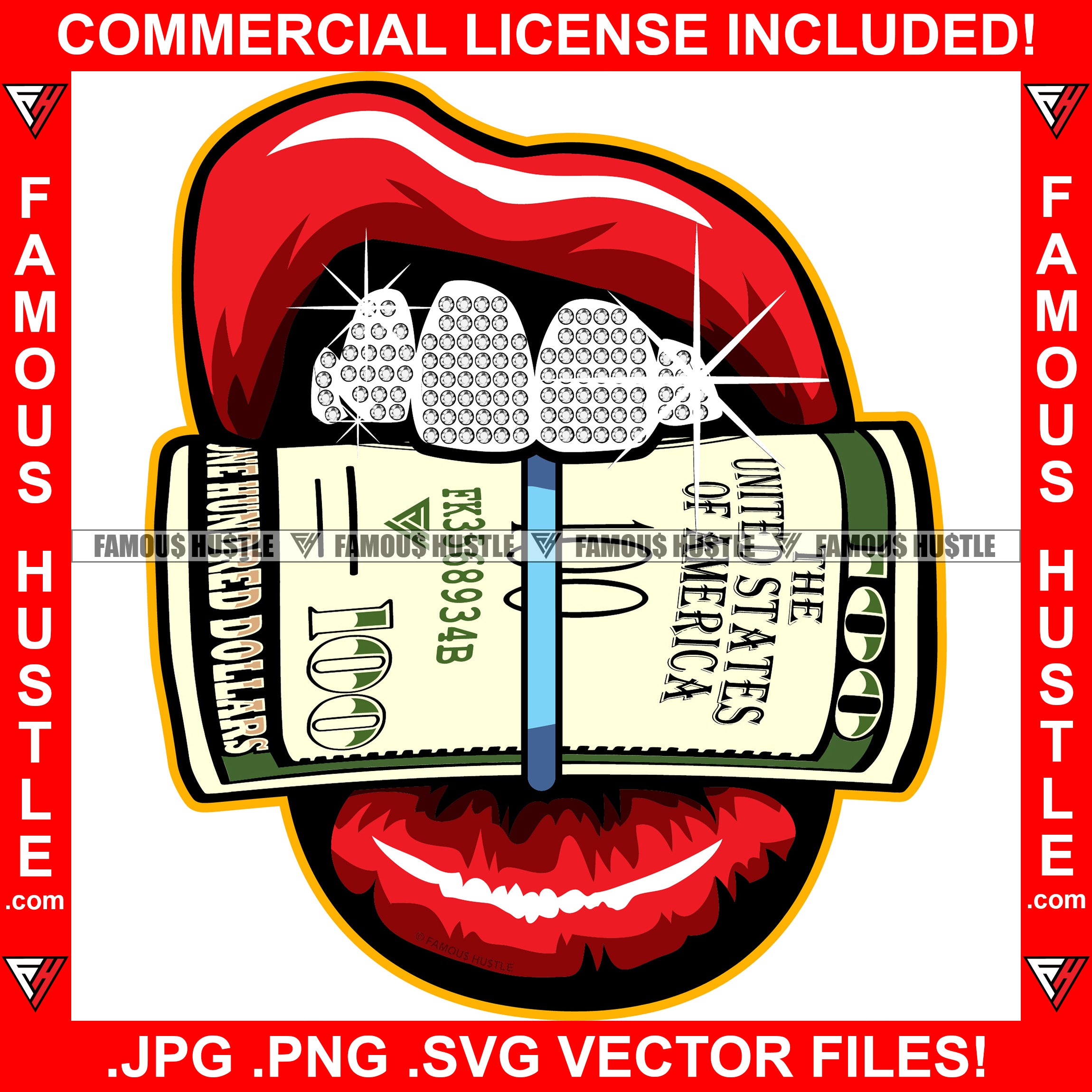 Famous Hustle Girl Power Sexy Red Lips White Diamond Teeth Holding Roll Of Cash Money $100 Hip Hop Rap Rapper Plug Trap Quote Dope Baller Trapper Hustling Flex Dripping Art Graphic Design Logo T-Shirt Print Printing JPG PNG SVG Vector Cut File