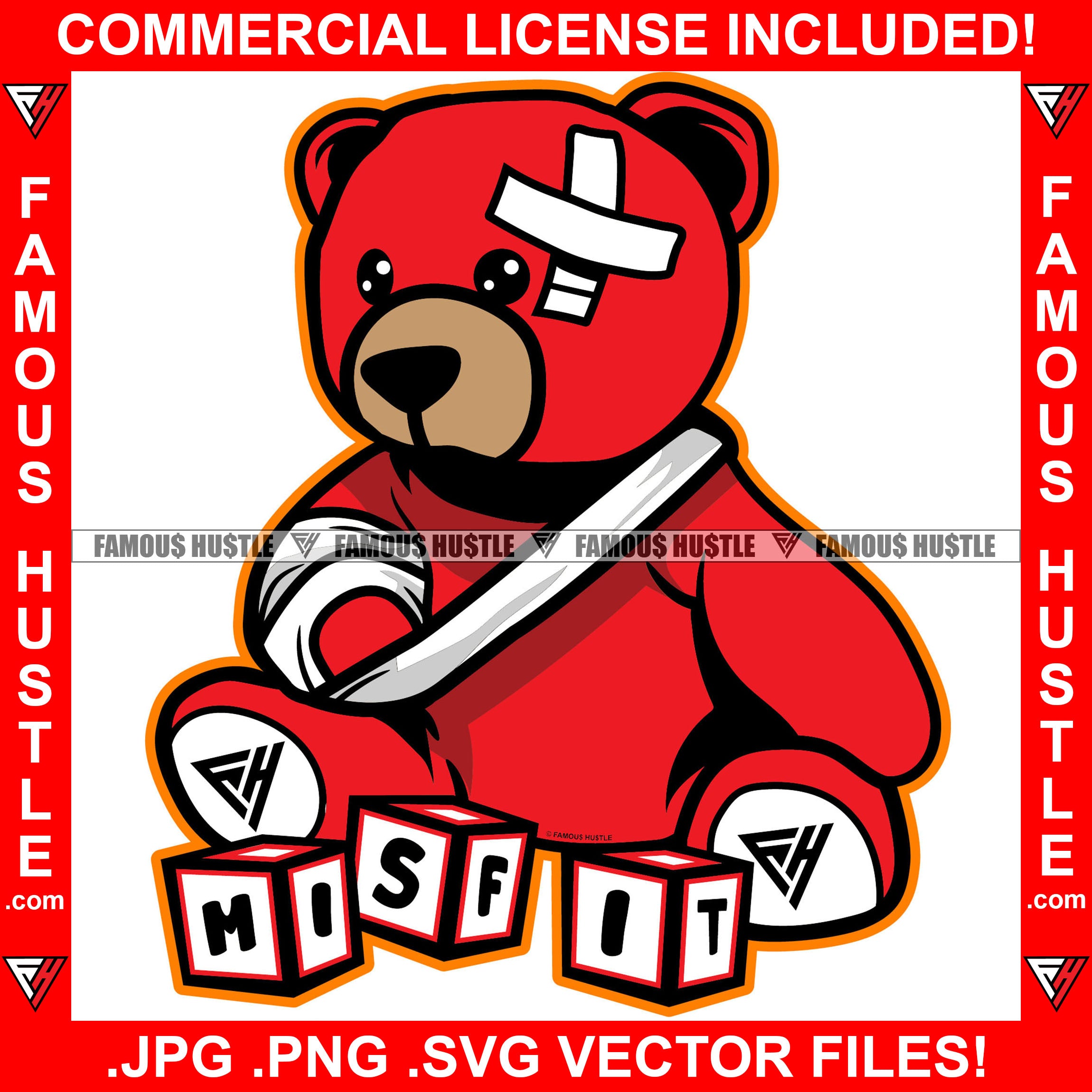 Misfit Hustle Teddy Bear Scar Face Broken Arm Bandage Cartoon Character Hip Hop Rap Hustler Boss Dope Drip Trap Hood Thug Mafia Mob Ghetto Street Rapper Famous Hustle Quote Art Graphic Design Logo T-Shirt Print Printing JPG PNG SVG Vector Cut File