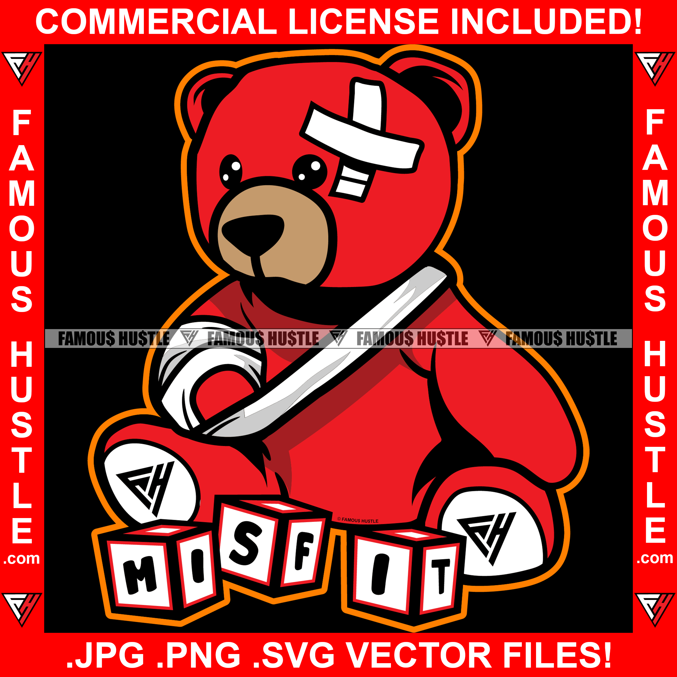 Misfit Hustle Teddy Bear Scar Face Broken Arm Bandage Cartoon Character Hip Hop Rap Hustler Boss Dope Drip Trap Hood Thug Mafia Mob Ghetto Street Rapper Famous Hustle Quote Art Graphic Design Logo T-Shirt Print Printing JPG PNG SVG Vector Cut File