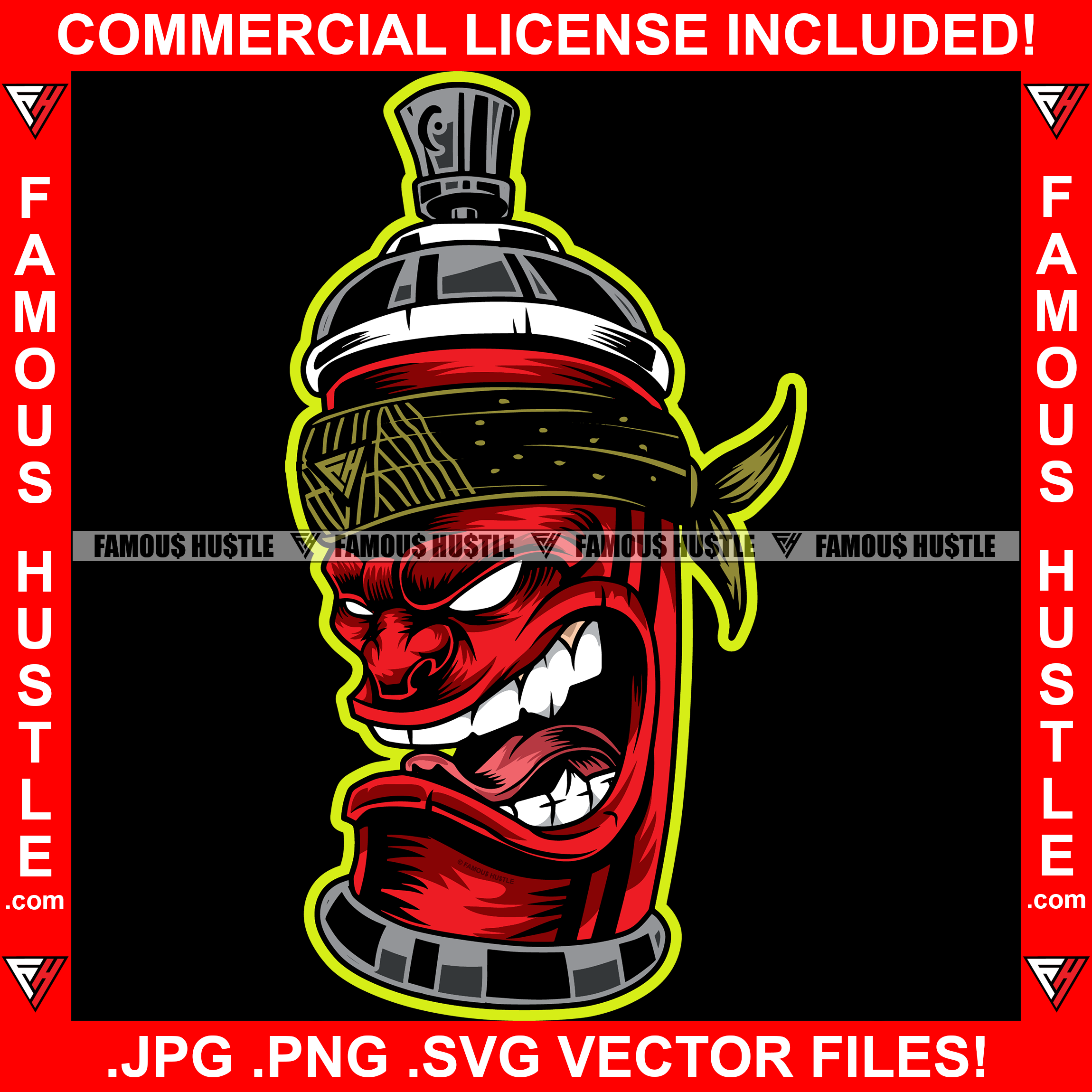 Famous Hustle Gangster Red Drug Bottle Mean Face White Eyes Head Bandanna Hip Hop Rap Rapper Plug Trap Street Hood Ghetto Swag Thug Hustler Hustling Baller Trapper Art Graphic Design Logo T-Shirt Print Printing JPG PNG SVG Vector Cut File