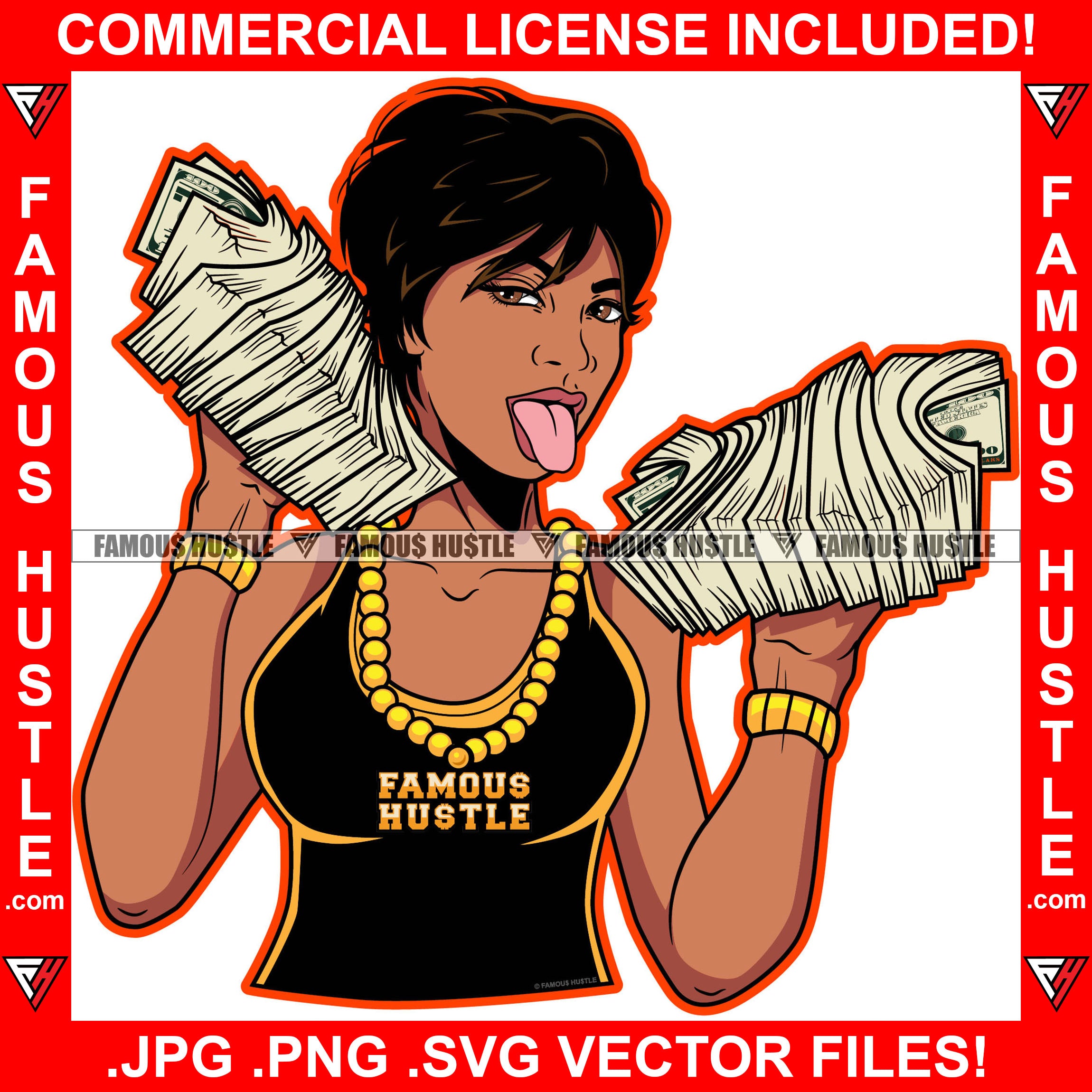 Famous Hustle Sexy Woman Gold Necklace Lady Jewelry Cash Money Bundles Tongue Out Girl Female Tattoo Hip Hop Rap Plug Trap Swag Hustler Hustling Art Graphic Design Logo T-Shirt Print Printing JPG PNG SVG Vector Cut File