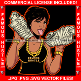 Famous Hustle Sexy Woman Gold Necklace Lady Jewelry Cash Money Bundles Tongue Out Girl Female Tattoo Hip Hop Rap Plug Trap Swag Hustler Hustling Art Graphic Design Logo T-Shirt Print Printing JPG PNG SVG Vector Cut File