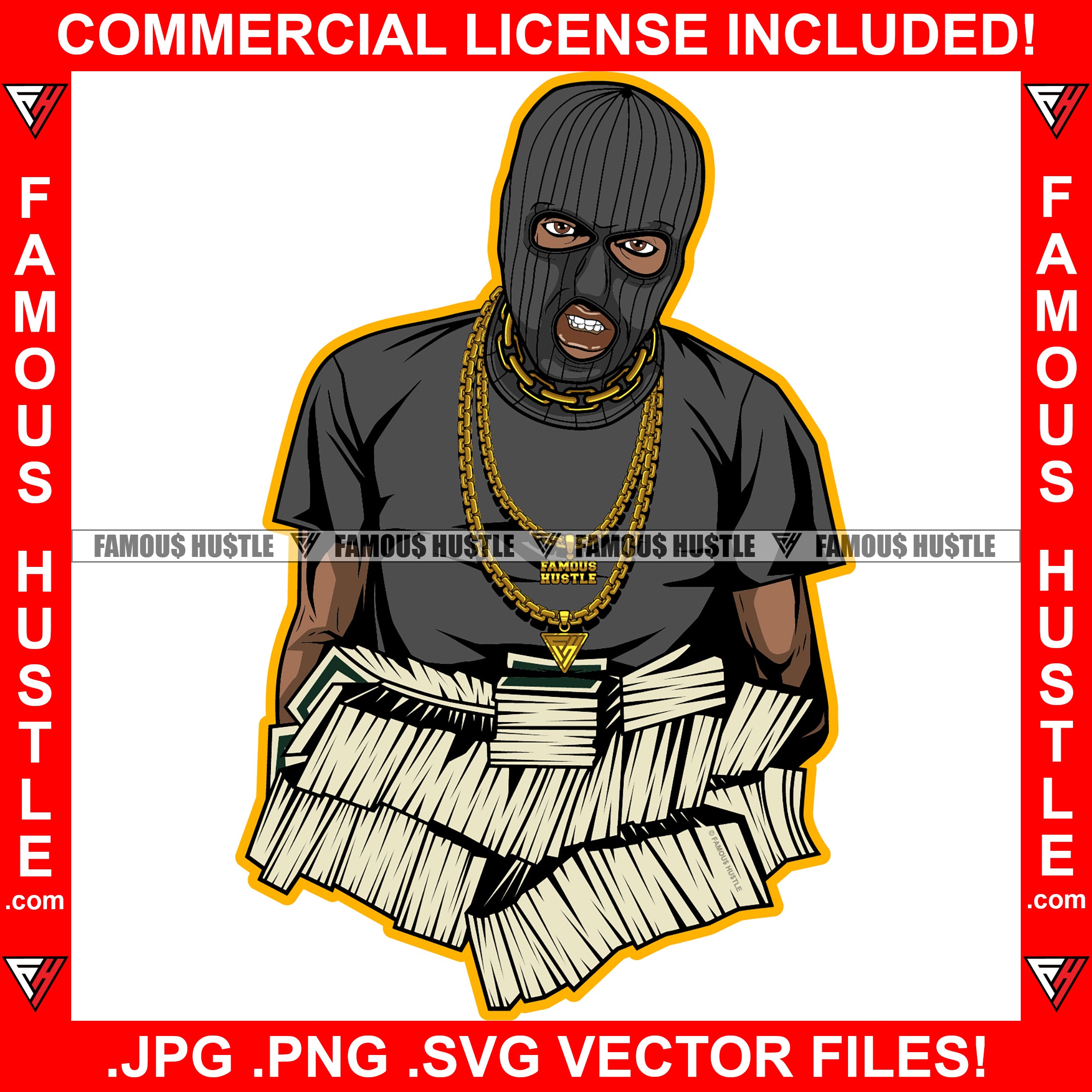 Paid In Full Gangster Black Man Ski Mask Gold Jewelry Necklace Face Mask Hip Hop Rap Rapper Plug Trap Street Hood Ghetto Swag Thug Hustler Hustling Drip Famous Hustle Art Graphic Design Logo T-Shirt Print Printing JPG PNG SVG Vector Cut File