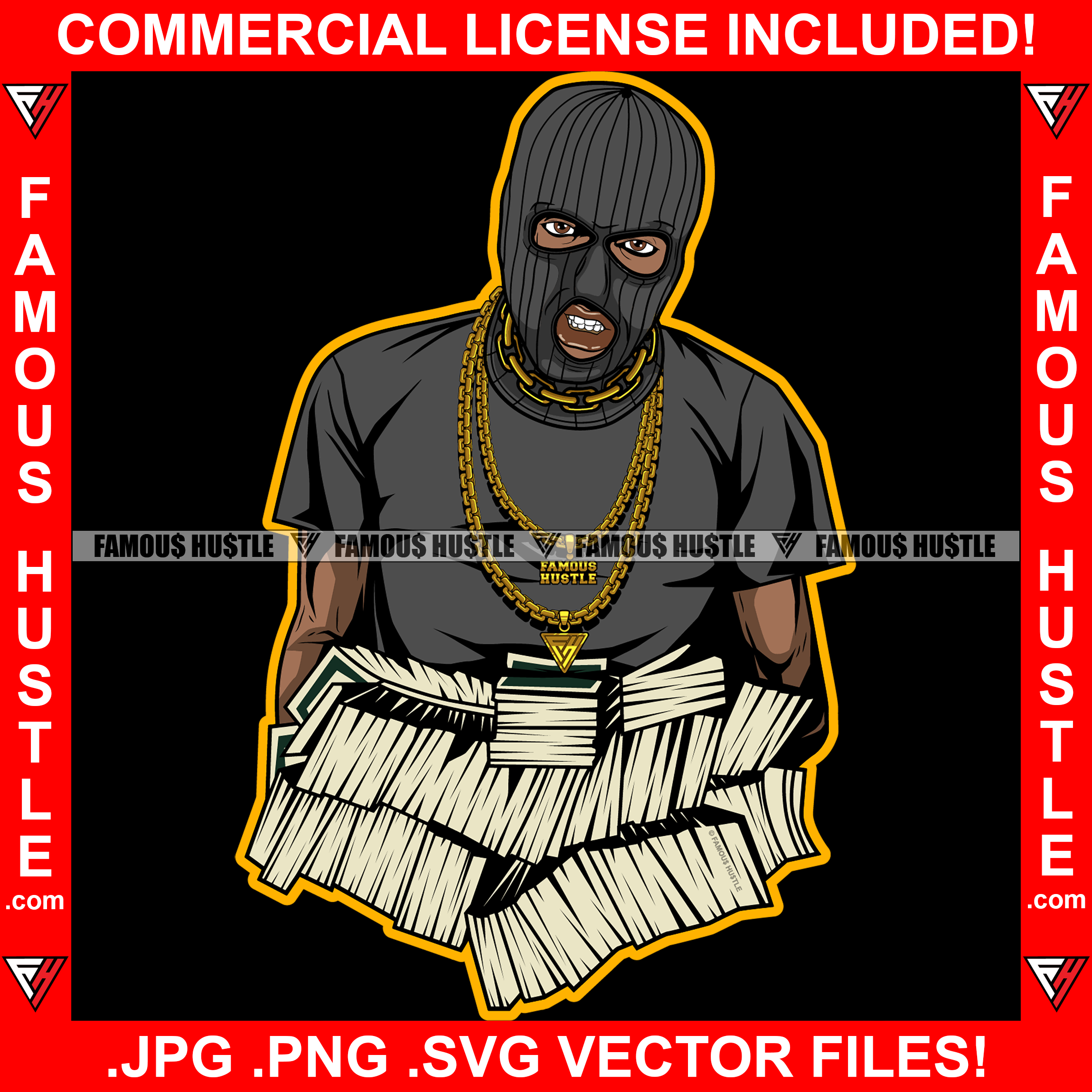 Paid In Full Gangster Black Man Ski Mask Gold Jewelry Necklace Face Mask Hip Hop Rap Rapper Plug Trap Street Hood Ghetto Swag Thug Hustler Hustling Drip Famous Hustle Art Graphic Design Logo T-Shirt Print Printing JPG PNG SVG Vector Cut File