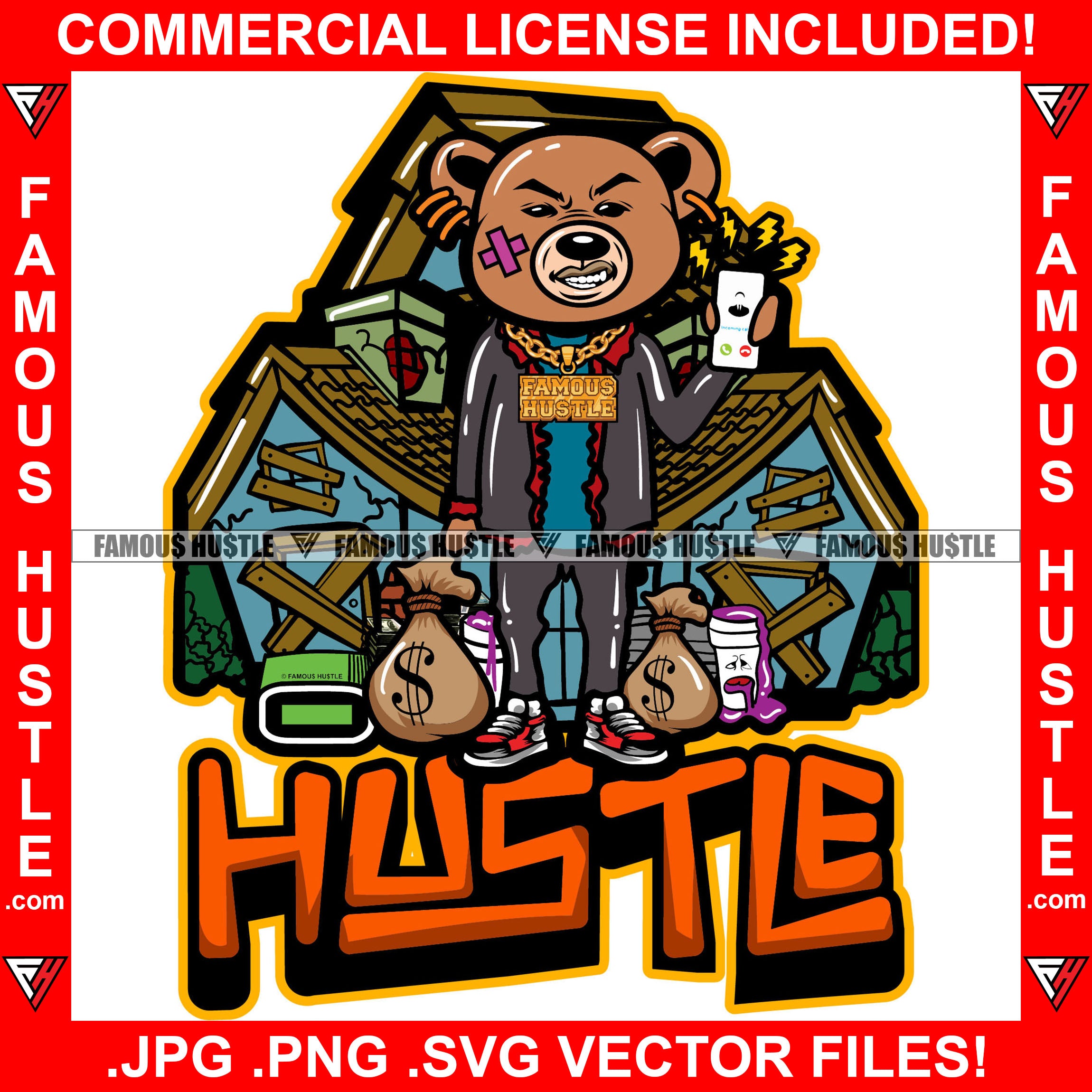 Hustle Gangster Teddy Bear King Scar Face Phone Ringing Cash Money Bags Gold Necklace Abandoned Drug Houses Ghetto Home Hood Hip Hop Rap Rapper Trap Street Hood Ghetto Trapper Art Graphic Design Logo T-Shirt Print Printing JPG PNG SVG Vector Cut File