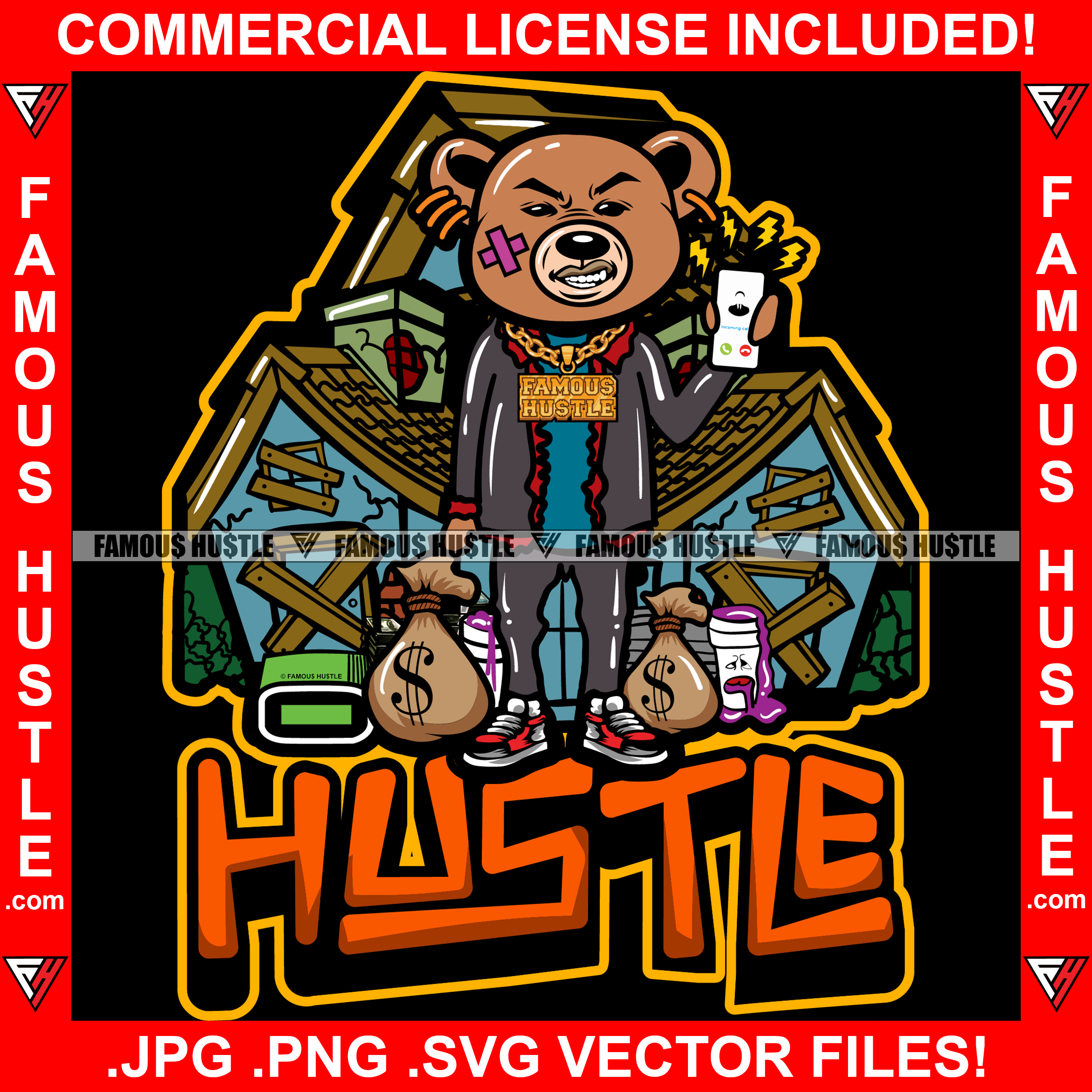 Hustle Gangster Teddy Bear King Scar Face Phone Ringing Cash Money Bags Gold Necklace Abandoned Drug Houses Ghetto Home Hood Hip Hop Rap Rapper Trap Street Hood Ghetto Trapper Art Graphic Design Logo T-Shirt Print Printing JPG PNG SVG Vector Cut File