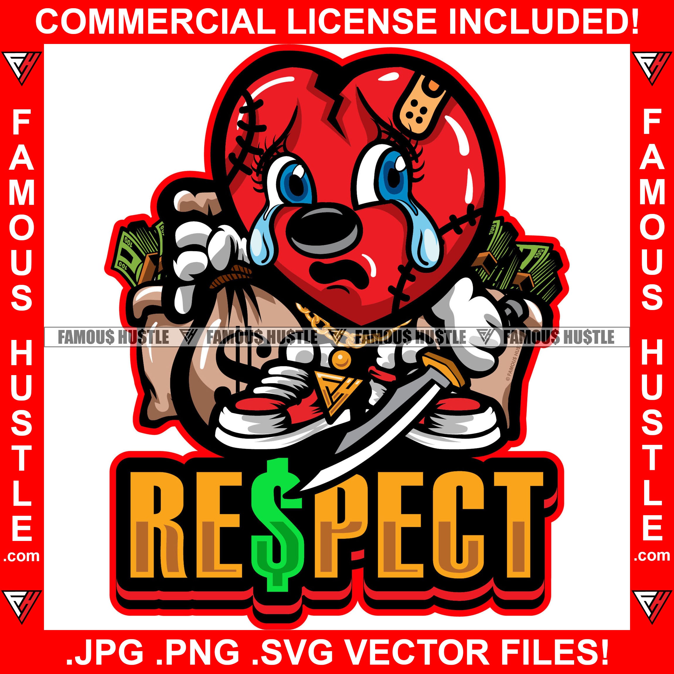 Respect Heartless Scar Face Broken Gangster Heart Tears In Eyes Holding Cash Money Bags Knife Hip Hop Rap Rapper Plug Trap Street Hood Ghetto Thug Hustler Hustling Drip Savage Boss Famous Hustle Quote Art Graphic Design Print Printing Vector SVG Cut File