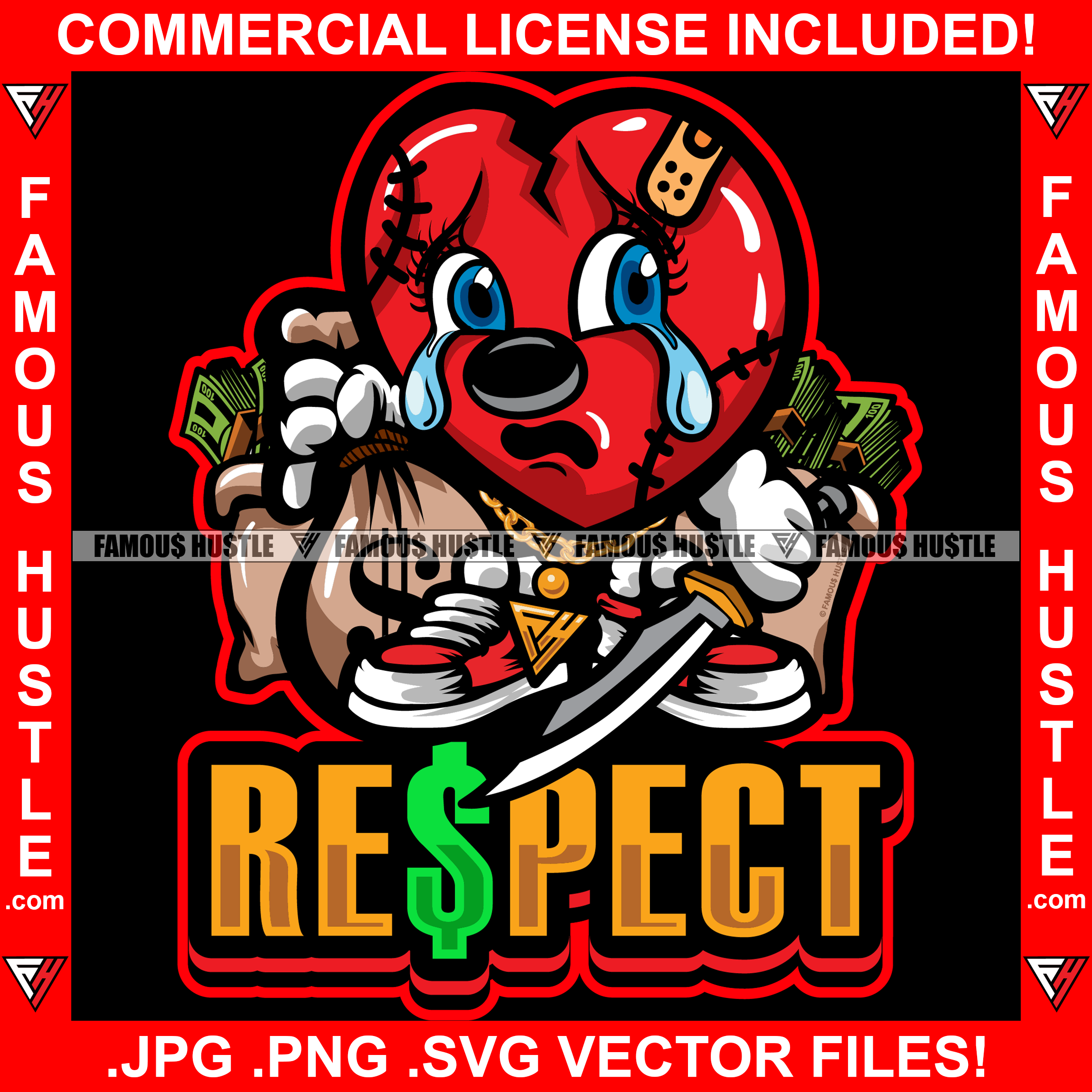 Respect Heartless Scar Face Broken Gangster Heart Tears In Eyes Holding Cash Money Bags Knife Hip Hop Rap Rapper Plug Trap Street Hood Ghetto Thug Hustler Hustling Drip Savage Boss Famous Hustle Quote Art Graphic Design Print Printing Vector SVG Cut File