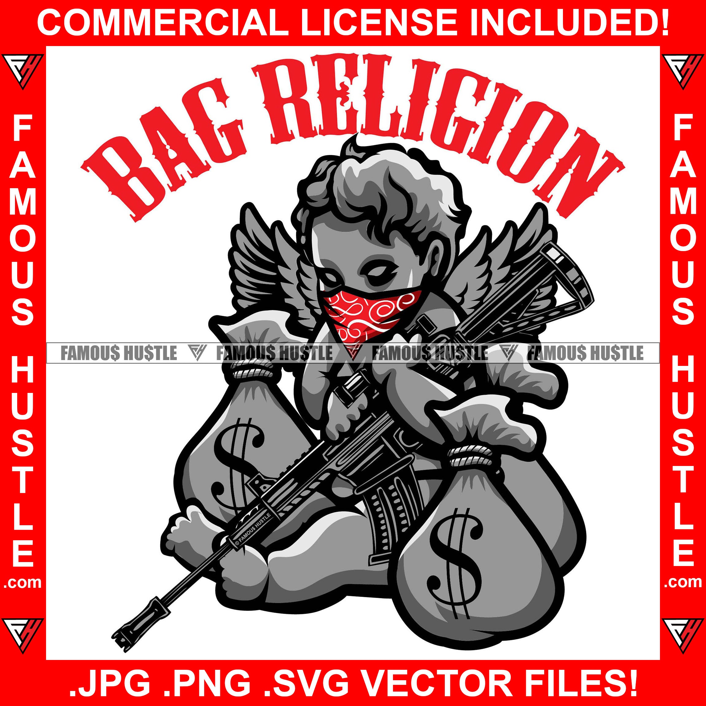 Bag Religion Gangster Statue Thug Tattoos Bandanna Holding Machine Guns Cash Money Bags Famous Hustle Hip Hop Rap Plug Trap Street Hood Ghetto Hustler Hustling Drip Savage Quote Art Graphic Design Logo T-Shirt Print Printing JPG PNG SVG Vector Cut File