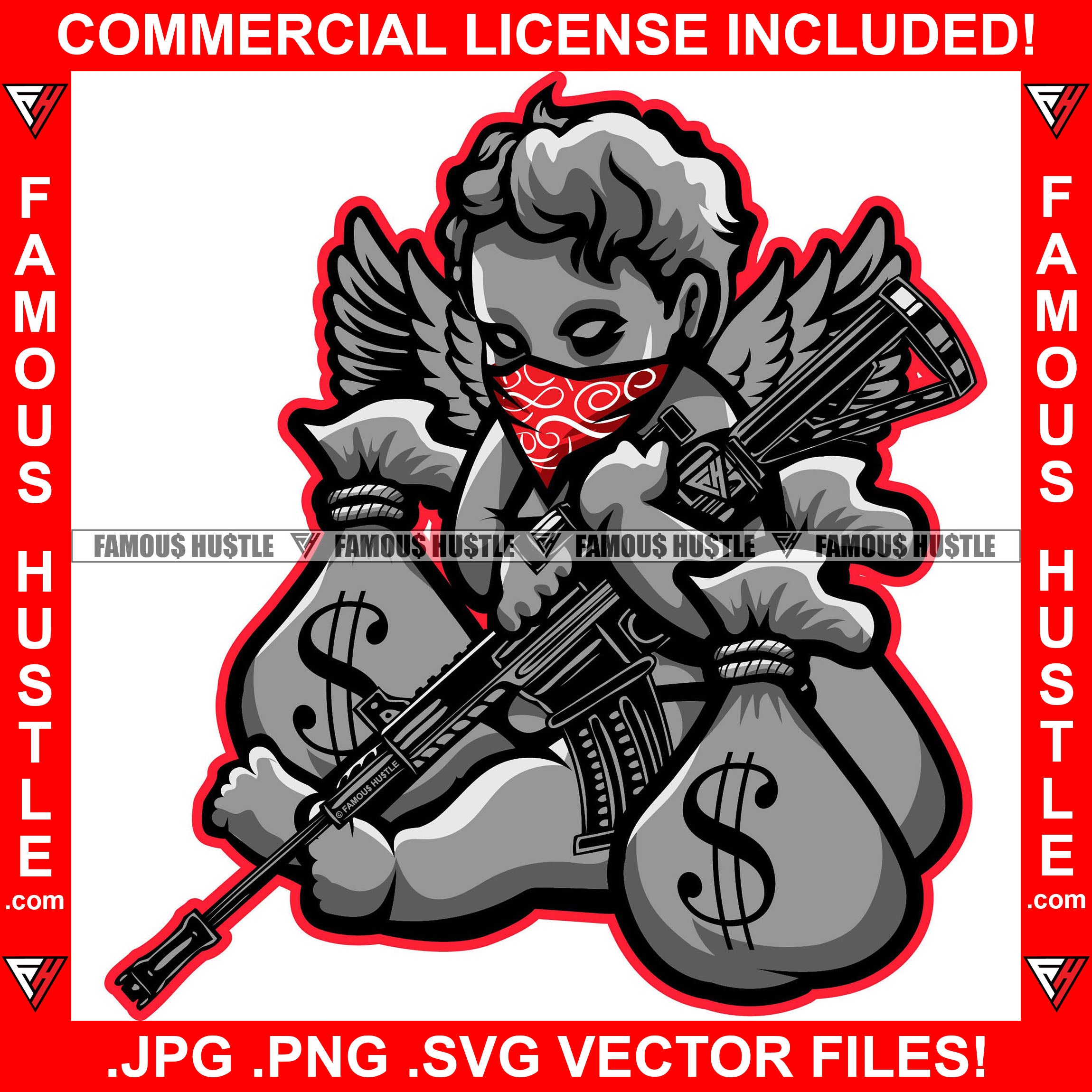 Savage Baby Hustle Gangster Statue Angel Wings Red Face Bandanna Machine Gun Cash Money Bags Body Tattoo Hip Hop Rap Rapper Plug Trap Street Hood Ghetto Thug Boss Drip Art Graphic Design Logo T-Shirt Print Printing JPG PNG SVG Vector Cut File