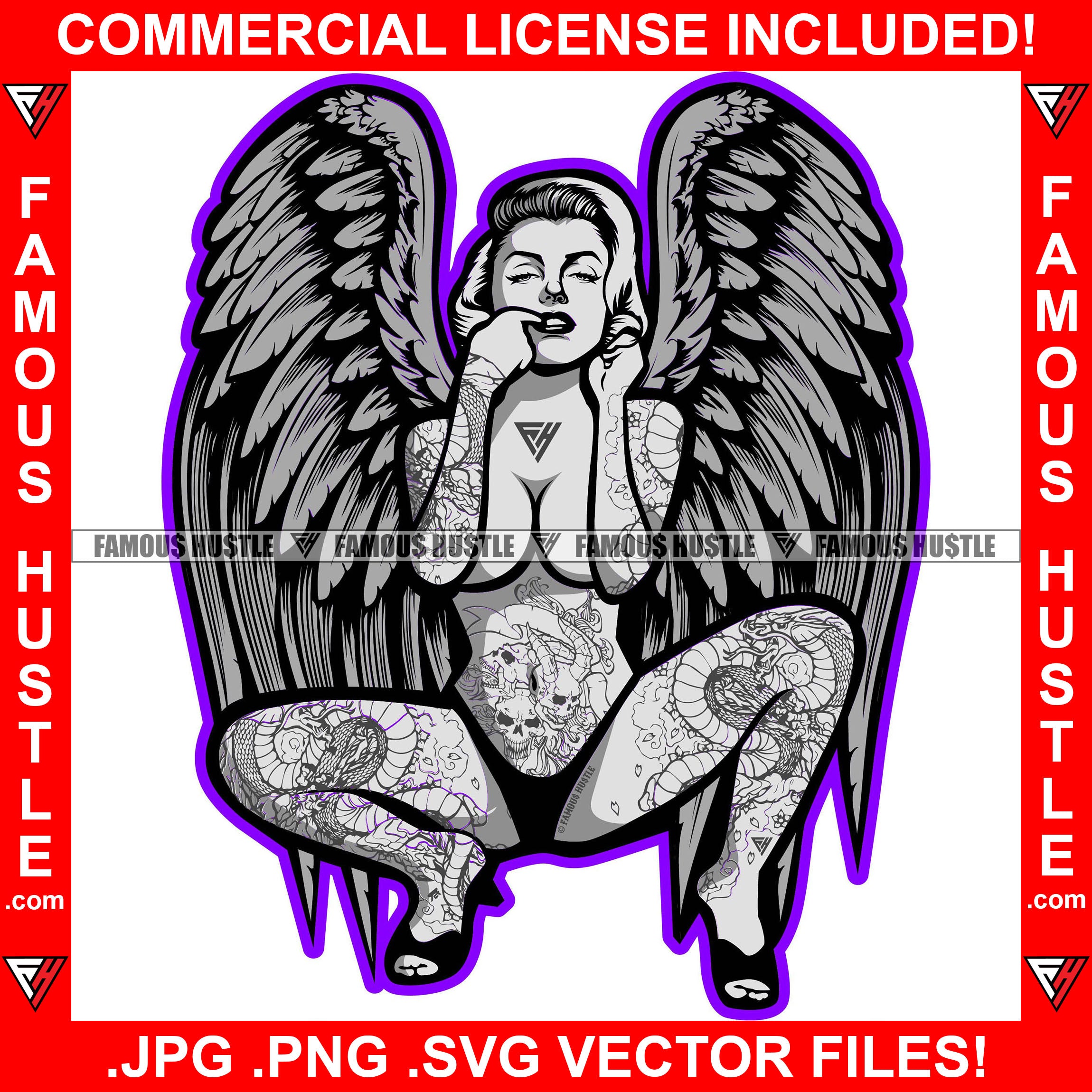 Sexy Gangster Woman Lingerie Panties Female Full Body Tattoo Finger In Mouth Lady Angel Wings Girl Hip Hop Rap Trending Designer Fashion 50's Retro Vintage Hustler Famous Hustle Pinup Pin Up Art Graphic Design Print Printing Vector SVG Cut File