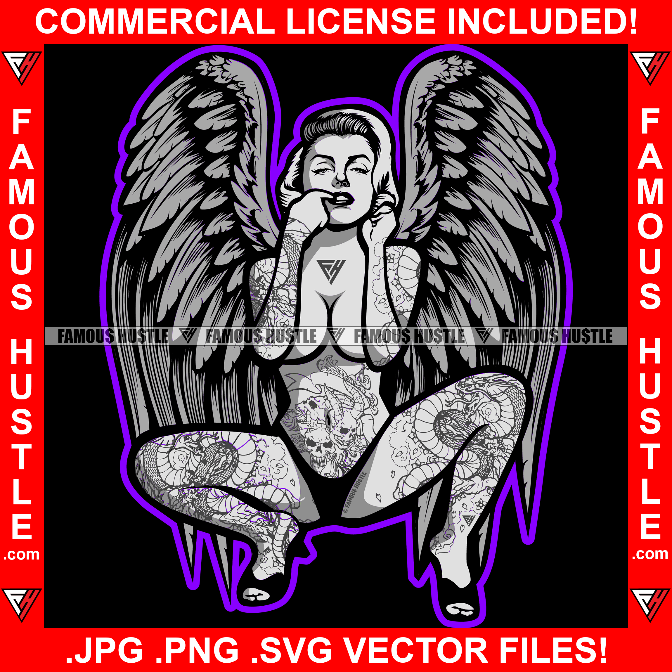 Sexy Gangster Woman Lingerie Panties Female Full Body Tattoo Finger In Mouth Lady Angel Wings Girl Hip Hop Rap Trending Designer Fashion 50's Retro Vintage Hustler Famous Hustle Pinup Pin Up Art Graphic Design Print Printing Vector SVG Cut File