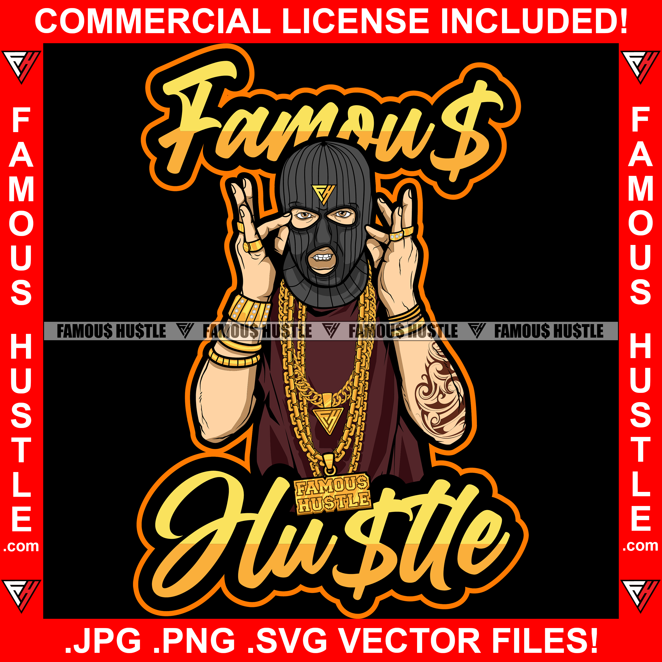 Famous Hustle Gangster Male Man Ski Mask Lots Of Gold Necklace Chains Jewelry Tattoo Robber Face Hip Hop Rap Rapper Plug Trap Street Hood Ghetto Thug Hustler Hustling Drip Quote Art Graphic Design Logo T-Shirt Print Printing JPG PNG SVG Vector Cut File