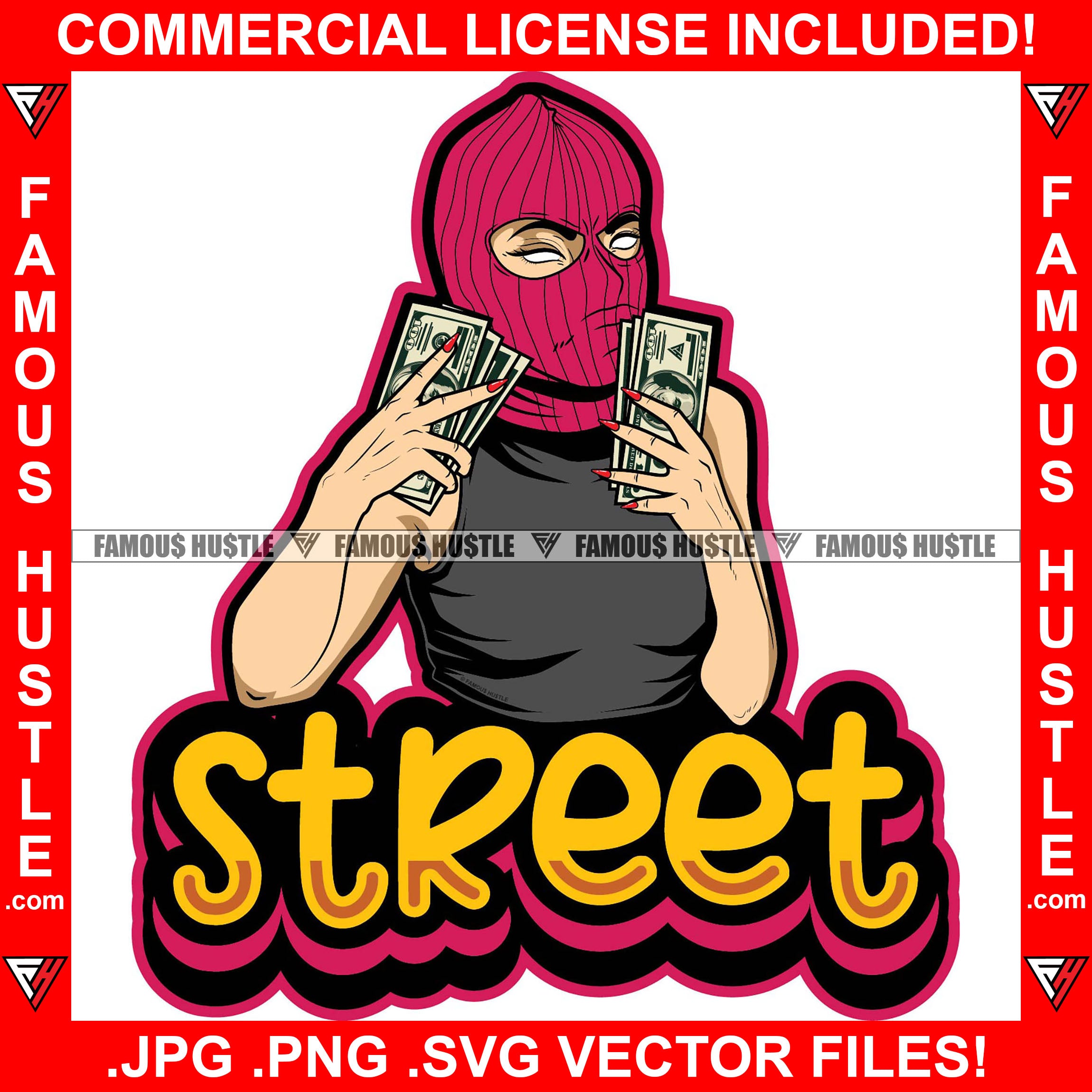 Street Sexy Gangster Lady Female Ski Mask White Eyes Victory Sign Cash Money Hands  Hip Hop Rap Rapper Plug Trap Street Hood Ghetto Swag Thug Hustler Hustling Famous Hustle Quote Art Graphic Design Logo T-Shirt Print Printing JPG PNG SVG Vector Cut File