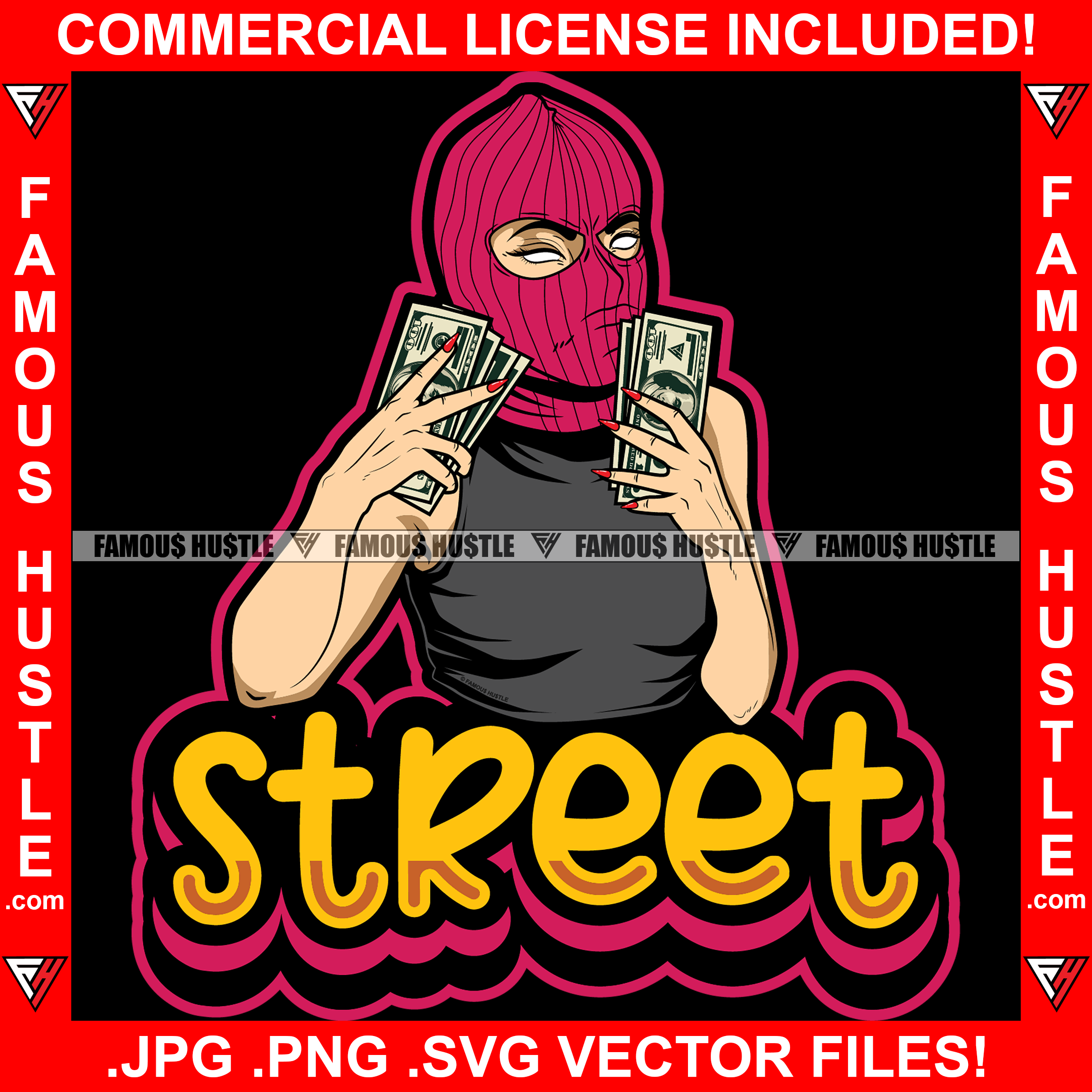Street Sexy Gangster Lady Female Ski Mask White Eyes Victory Sign Cash Money Hands  Hip Hop Rap Rapper Plug Trap Street Hood Ghetto Swag Thug Hustler Hustling Famous Hustle Quote Art Graphic Design Logo T-Shirt Print Printing JPG PNG SVG Vector Cut File