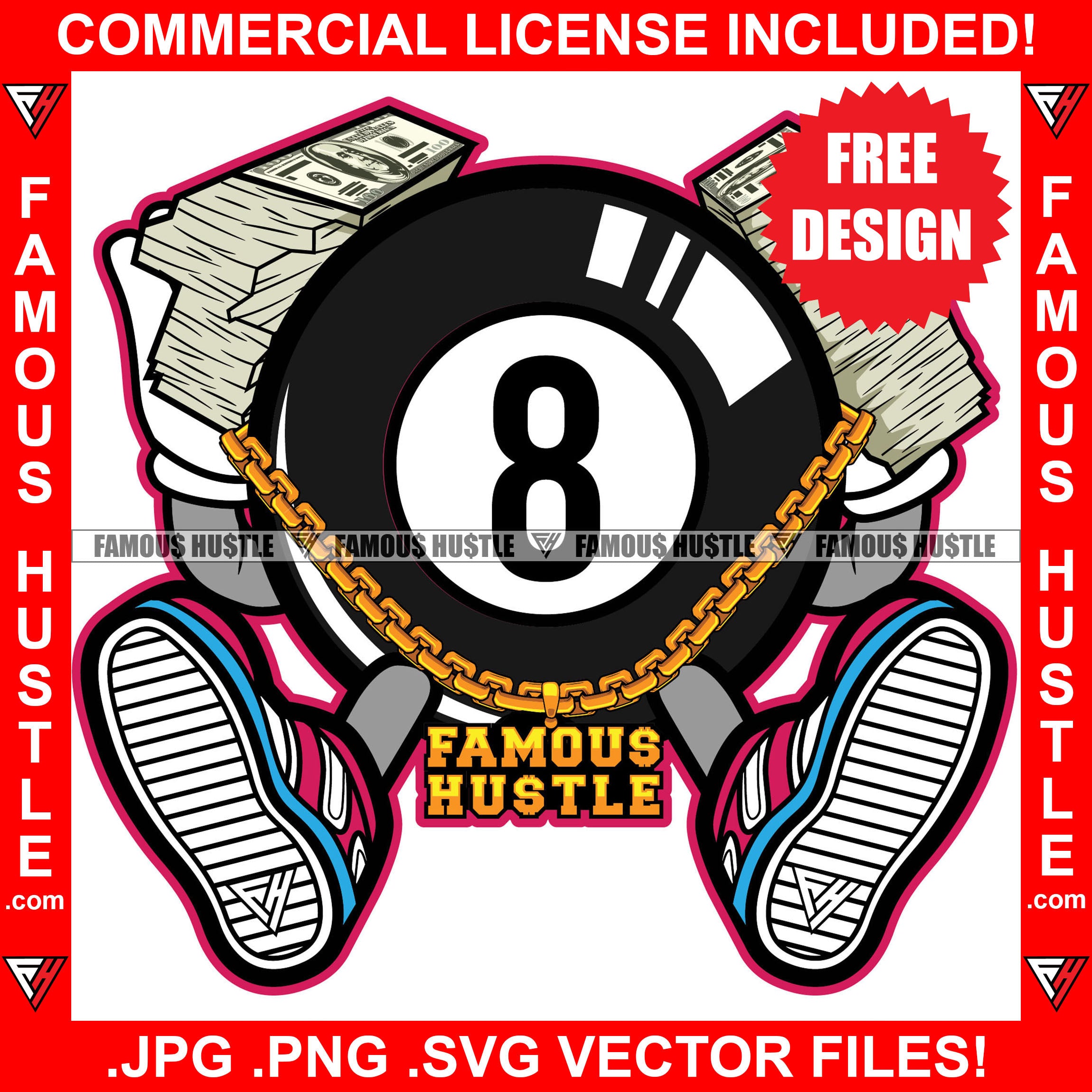 Free Famous Hustle Gangster Eightball Eight 8 Ball Gold Chain Necklace Money Stacks Hands Drug Dealer Hip Hop Rap Rapper Plug Trap Street Hood Ghetto Thug Hustler Hustling Drip Art Graphic Design Logo T-Shirt Print Printing JPG PNG SVG Vector Cut File