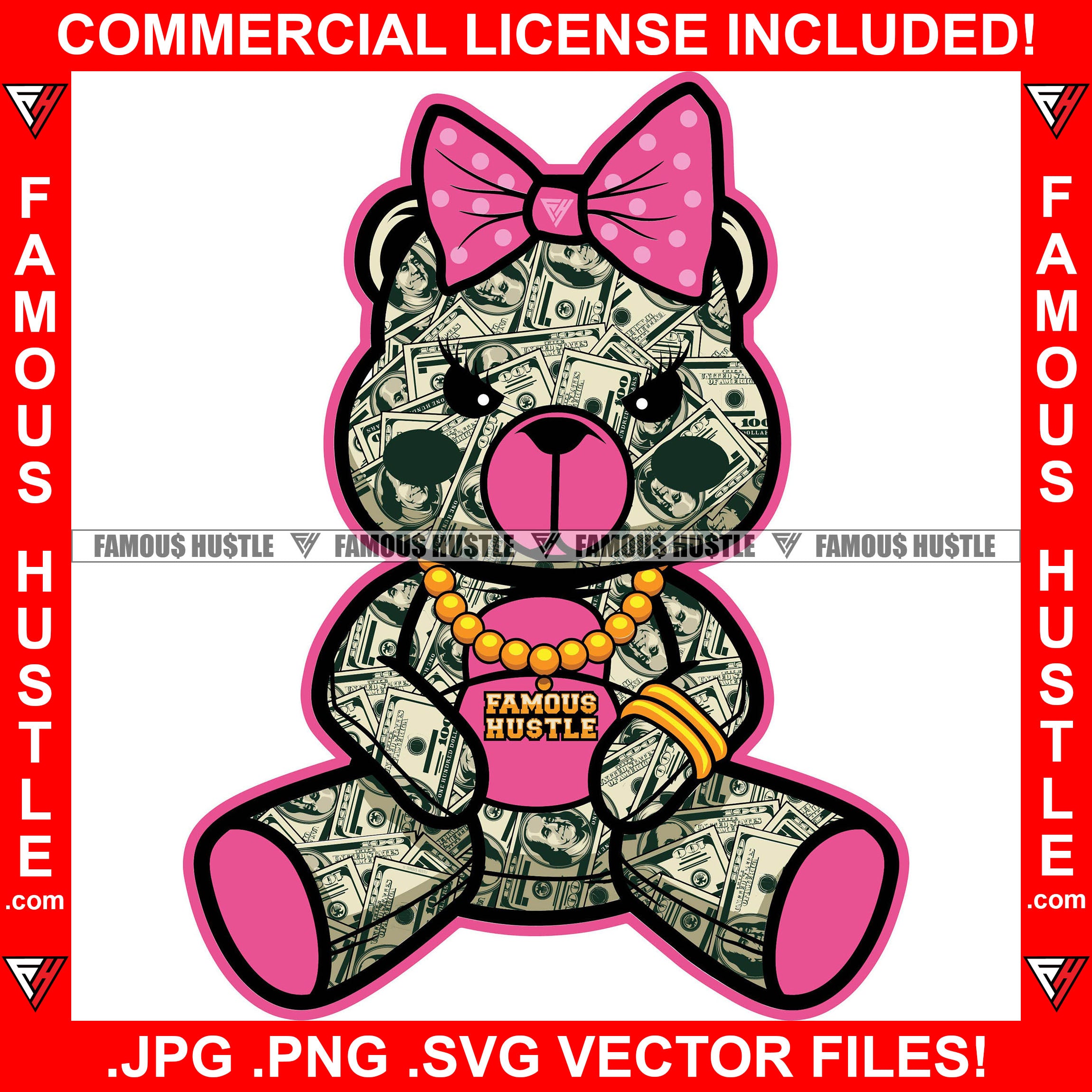 Pink Female Money Teddy Bear Made From $100 Bill Cash Pattern Woman Polk-A-Dot Bow Gangster Girl Gold Chain Lady Hip Hop Rap Plug Trap Street Hood Hustler Boss Famous Hustle Rich Art Graphic Design Logo T-Shirt Print Printing JPG PNG SVG Vector Cut File