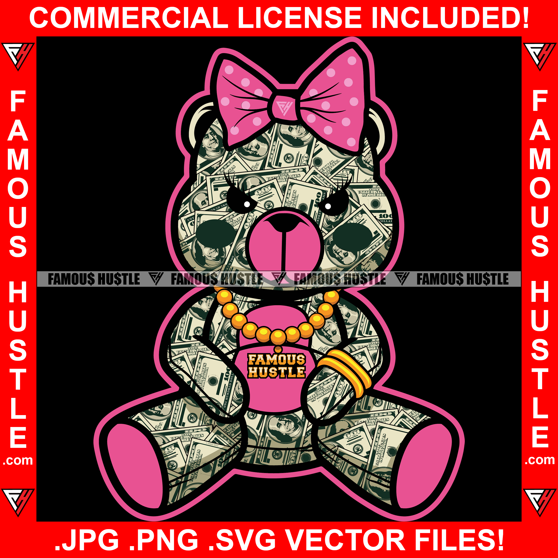 Pink Female Money Teddy Bear Made From $100 Bill Cash Pattern Woman Polk-A-Dot Bow Gangster Girl Gold Chain Lady Hip Hop Rap Plug Trap Street Hood Hustler Boss Famous Hustle Rich Art Graphic Design Logo T-Shirt Print Printing JPG PNG SVG Vector Cut File