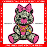 Pink Female Money Teddy Bear Made From $100 Bill Cash Pattern Woman Polk-A-Dot Bow Gangster Girl Gold Chain Lady Hip Hop Rap Plug Trap Street Hood Hustler Boss Famous Hustle Rich Art Graphic Design Logo T-Shirt Print Printing JPG PNG SVG Vector Cut File