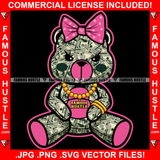 Pink Female Money Teddy Bear Made From $100 Bill Cash Pattern Woman Polk-A-Dot Bow Gangster Girl Gold Chain Lady Hip Hop Rap Plug Trap Street Hood Hustler Boss Famous Hustle Rich Art Graphic Design Logo T-Shirt Print Printing JPG PNG SVG Vector Cut File