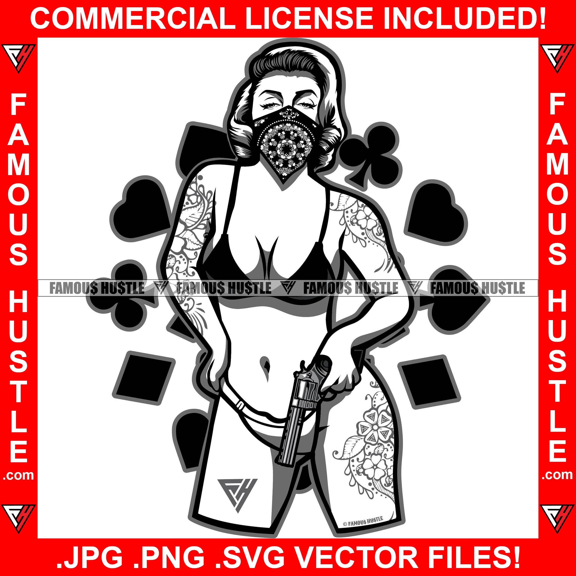 Sexy Gangster Lady Bikini Female Tattoos Gun Paisley Bandanna Face Mask Hustle Girl Retro 1950's Vintage Designer Fashion Hip Hop Rap Hood Hustler Boss Famous Hustle Pinup Pin Up Art Graphic Design Logo T-Shirt Print Printing JPG PNG SVG Vector Cut File