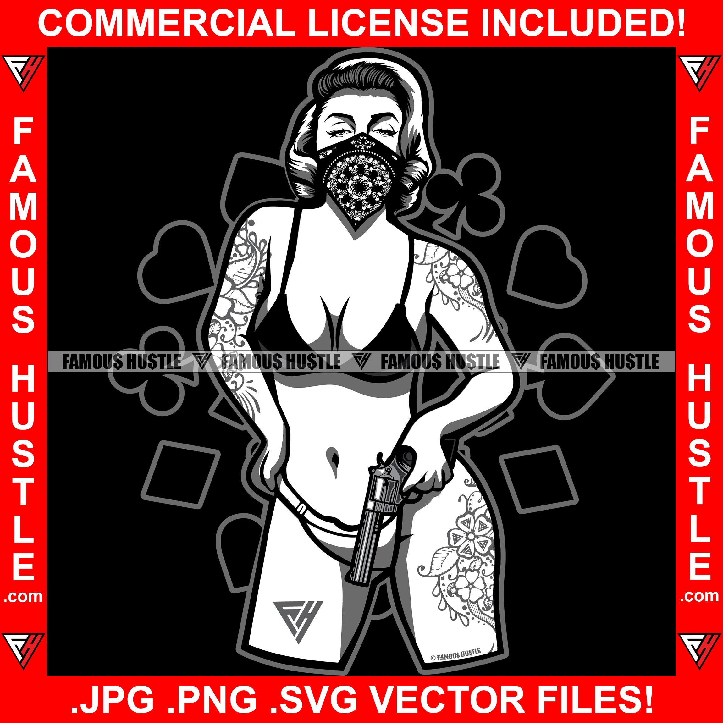 Sexy Gangster Lady Bikini Female Tattoos Gun Paisley Bandanna Face Mask Hustle Girl Retro 1950's Vintage Designer Fashion Hip Hop Rap Hood Hustler Boss Famous Hustle Pinup Pin Up Art Graphic Design Logo T-Shirt Print Printing JPG PNG SVG Vector Cut File