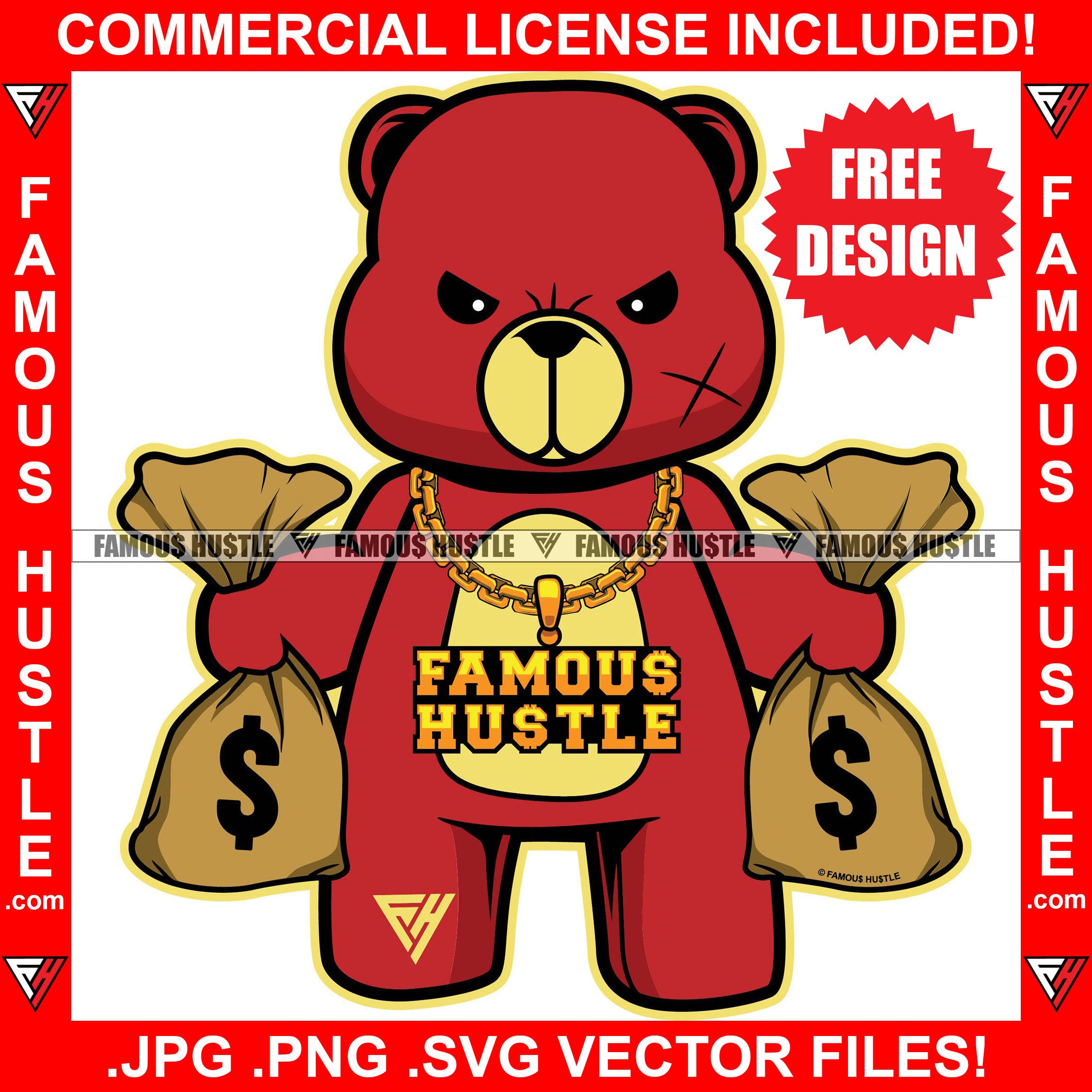 Free Rich Hustle Teddy Bear Gold Chain Necklace Chain Jewelry Two Money Bags Hip Hop Rap Rapper Plug Trap Street Hood Ghetto Swag Thug Hustler Hustling Drip Boss Famous Hustle Art Graphic Design Logo T-Shirt Print Printing JPG PNG SVG Vector Cut File