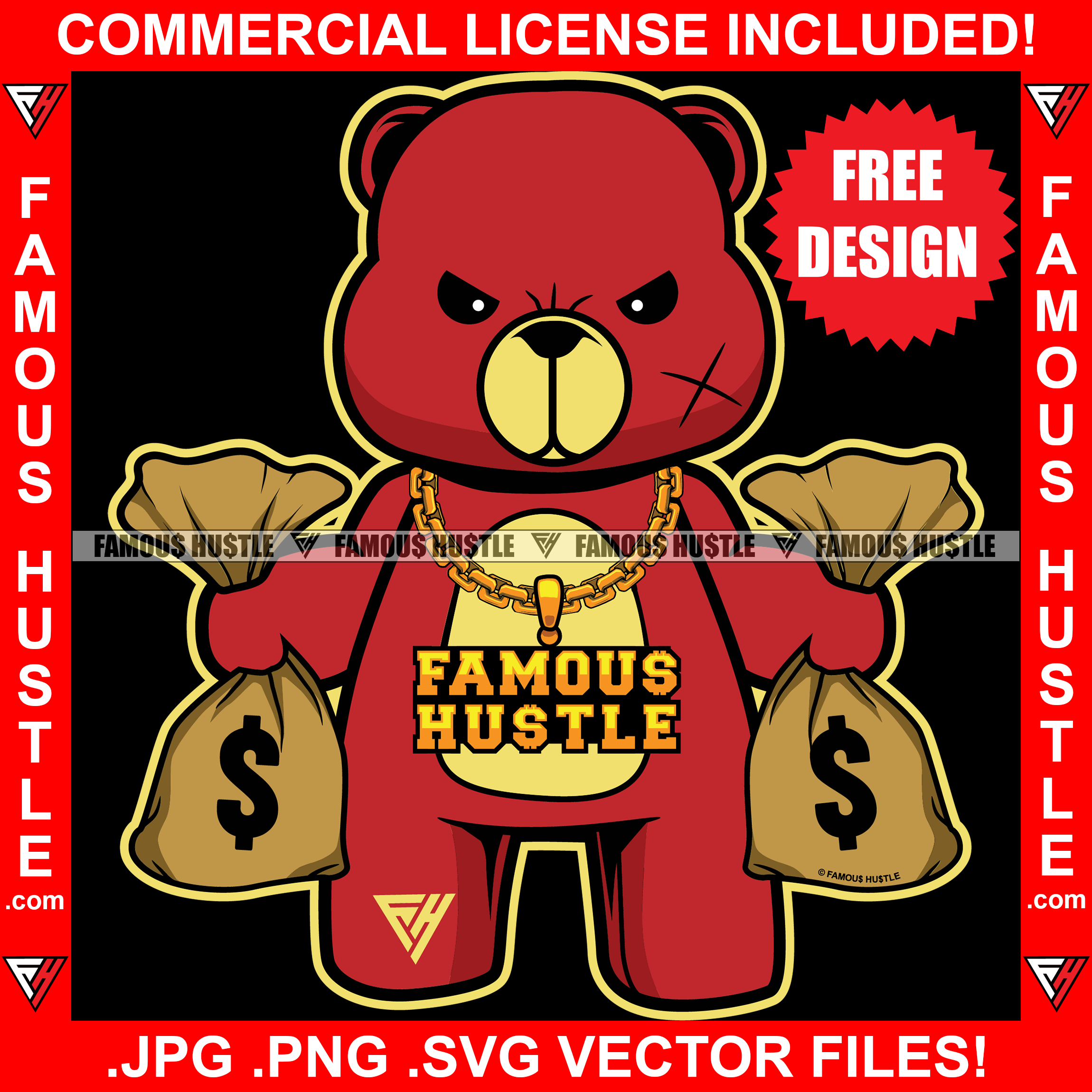 Free Rich Hustle Teddy Bear Gold Chain Necklace Chain Jewelry Two Money Bags Hip Hop Rap Rapper Plug Trap Street Hood Ghetto Swag Thug Hustler Hustling Drip Boss Famous Hustle Art Graphic Design Logo T-Shirt Print Printing JPG PNG SVG Vector Cut File
