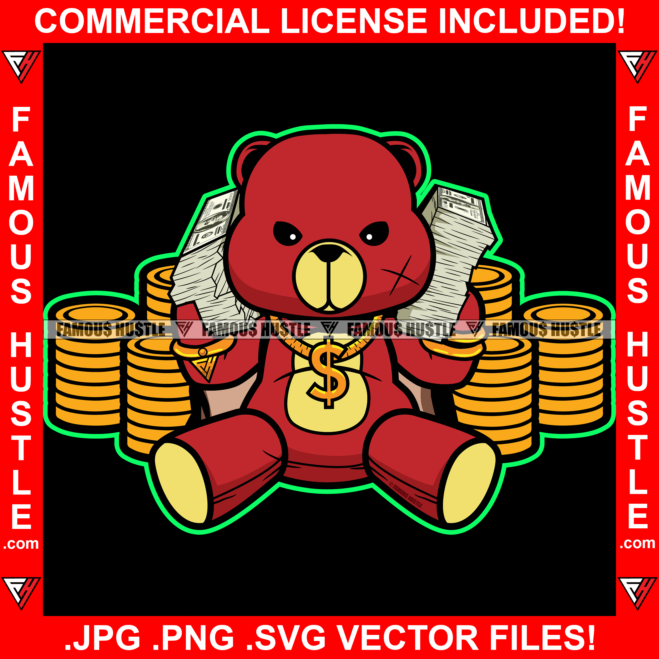 Dripping Gangster Red Teddy Bear Scar Face Cash Stacks Bundles Both Hands Dollar Sign Gold Necklace Coins Stack Hip Hop Rap Plug Hood Ghetto Swag Thug Hustling Famous Hustle Art Graphic Design Logo T-Shirt Print Printing JPG PNG SVG Vector Cut File