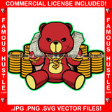 Dripping Gangster Red Teddy Bear Scar Face Cash Stacks Bundles Both Hands Dollar Sign Gold Necklace Coins Stack Hip Hop Rap Plug Hood Ghetto Swag Thug Hustling Famous Hustle Art Graphic Design Logo T-Shirt Print Printing JPG PNG SVG Vector Cut File