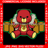 Dripping Gangster Red Teddy Bear Scar Face Cash Stacks Bundles Both Hands Dollar Sign Gold Necklace Coins Stack Hip Hop Rap Plug Hood Ghetto Swag Thug Hustling Famous Hustle Art Graphic Design Logo T-Shirt Print Printing JPG PNG SVG Vector Cut File
