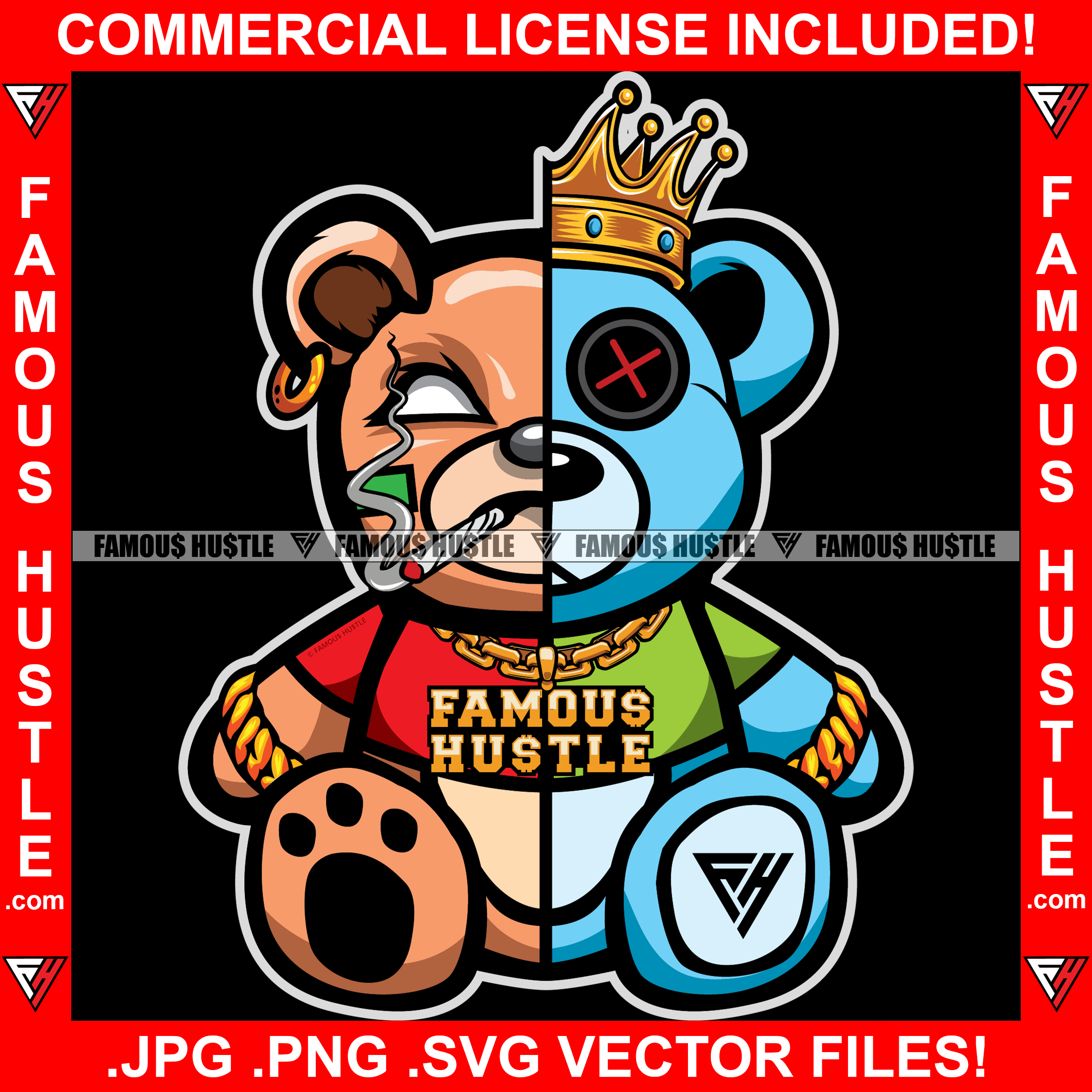 Famous Hustle Gangster Two Face Teddy Bear King Crown Smoking Face Bandage Marijuana Joint Gold Chain Necklace Bracelet Jewelry Tattoo Hip Hop Rap Hustler Drip Trap Hood Baller Art Graphic Design Logo T-Shirt Print Printing JPG PNG SVG Vector Cut File