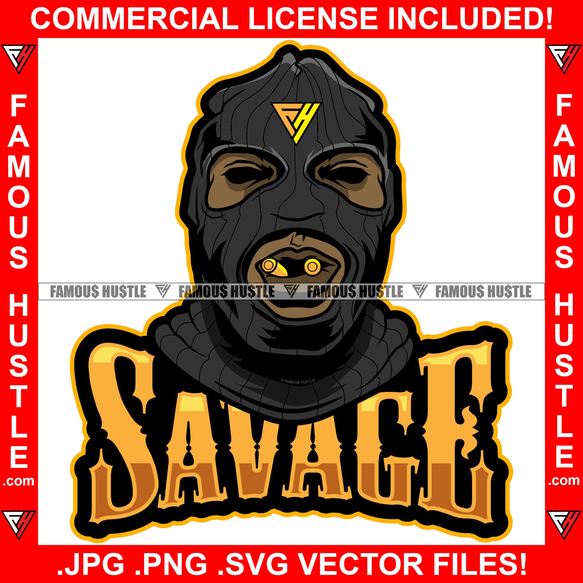 Savage Famous Hustle Gangster Black Ski Mask Man Eat Eating Gold Bullets Mouth Necklace Hip Hop Rap Rapper Plug Trap Street Hood Ghetto Swag Thug Hustler Hustling Quote Art Graphic Design Logo T-Shirt Print Printing JPG PNG SVG Vector Cut File
