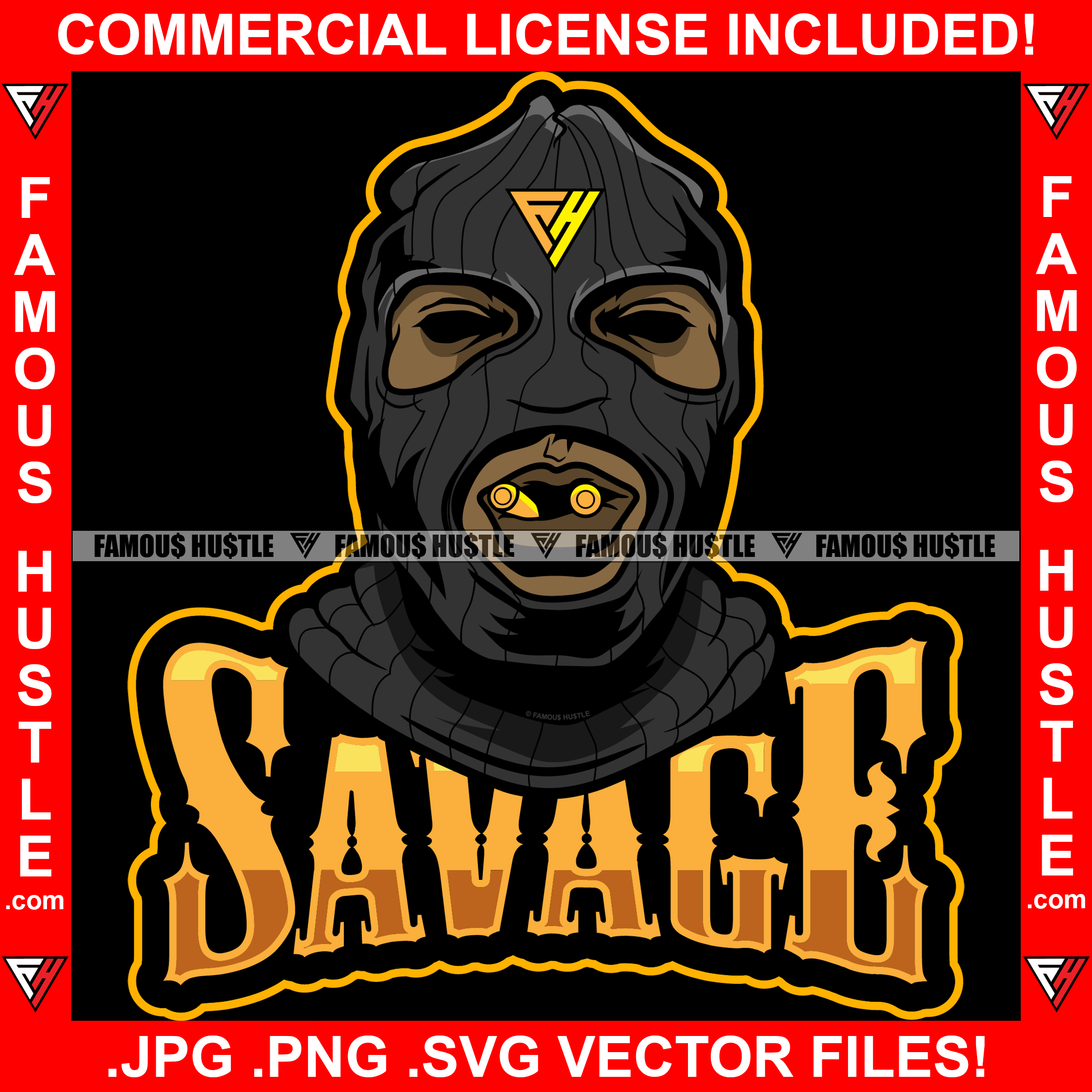 Savage Famous Hustle Gangster Black Ski Mask Man Eat Eating Gold Bullets Mouth Necklace Hip Hop Rap Rapper Plug Trap Street Hood Ghetto Swag Thug Hustler Hustling Quote Art Graphic Design Logo T-Shirt Print Printing JPG PNG SVG Vector Cut File