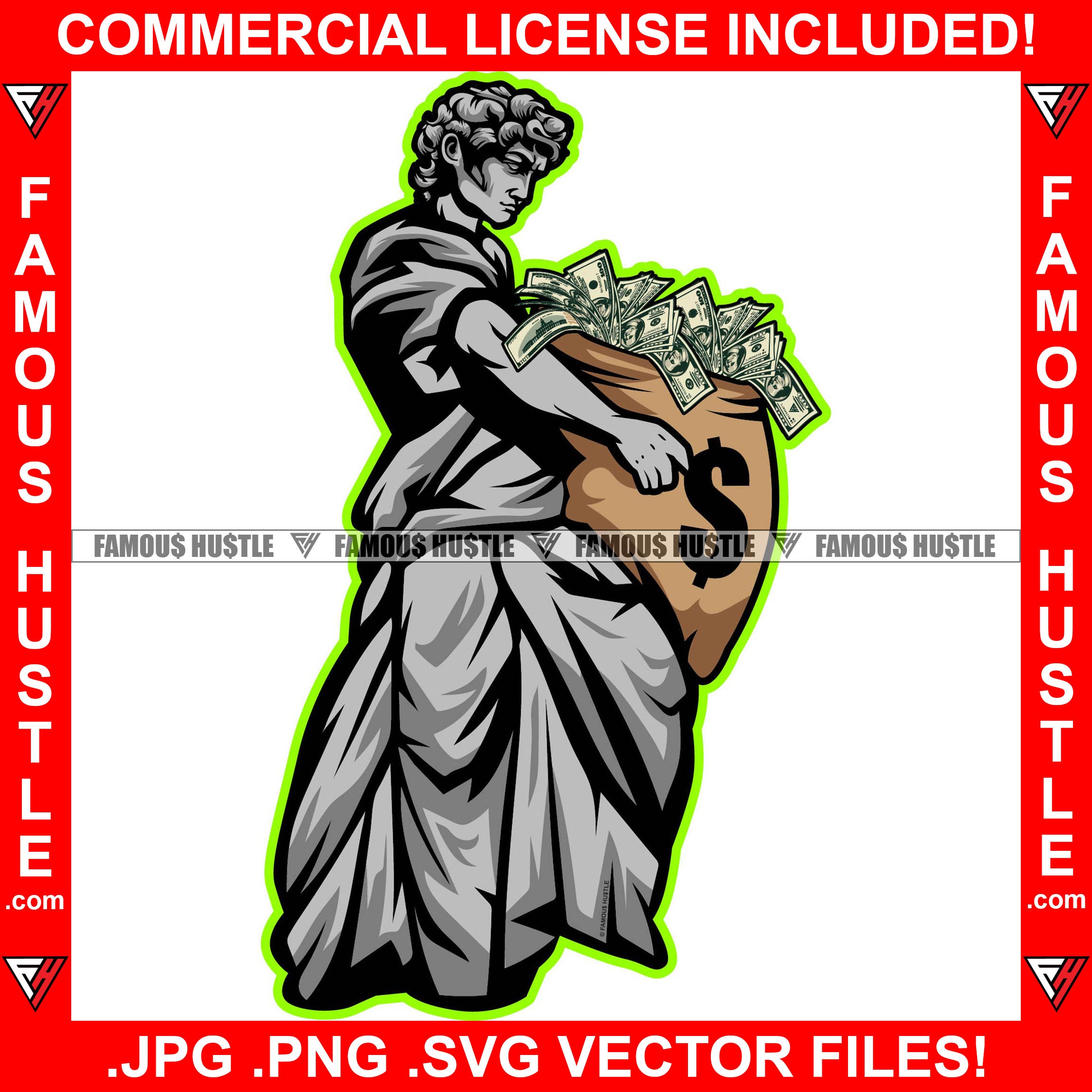 Money & Power Dripping Gangster Street Man Statue Cash Money Bag Hip Hop Rap Rapper Plug Trap Street Hood Ghetto Swag Thug Hustler Hustling Famous Hustle Baller Trapper Art Graphic Design Logo T-Shirt Print Printing JPG PNG SVG Vector Cut File