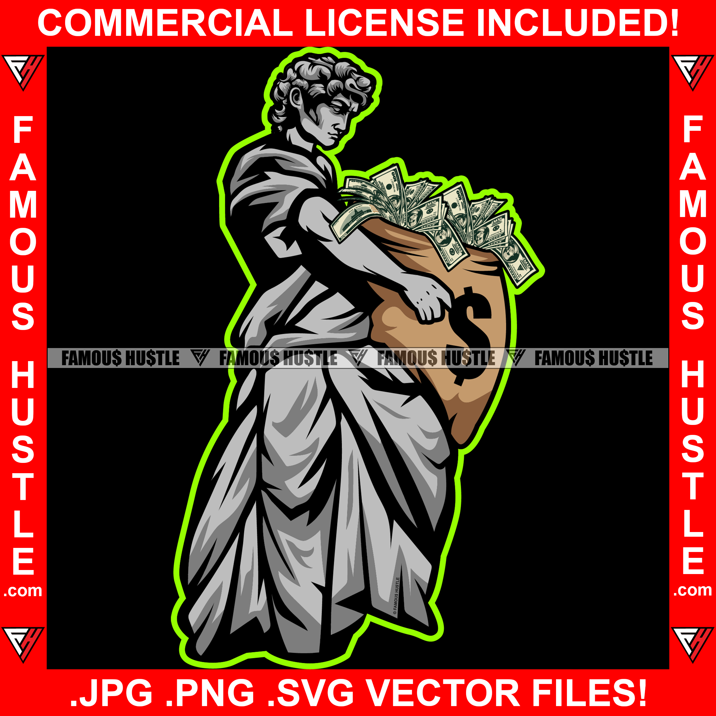Money & Power Dripping Gangster Street Man Statue Cash Money Bag Hip Hop Rap Rapper Plug Trap Street Hood Ghetto Swag Thug Hustler Hustling Famous Hustle Baller Trapper Art Graphic Design Logo T-Shirt Print Printing JPG PNG SVG Vector Cut File