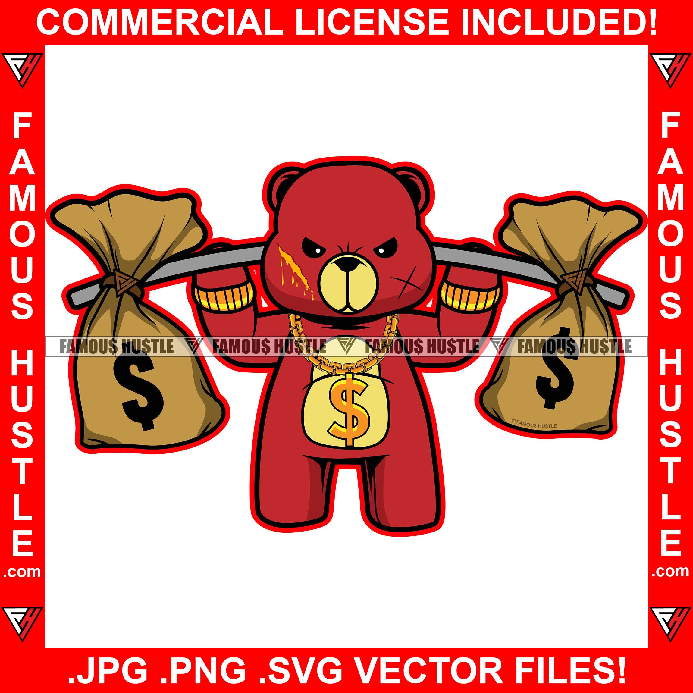 Money Bags Gangster Red Teddy Bear Gold Dollar Sign Necklace Jewelry Scar Face Two Cash Bags On Shoulder Hip Hop Rap Plug Trap Street Hood Ghetto Thug Famous Hustle Art Graphic Design Logo T-Shirt Print Printing JPG PNG SVG Vector Cut File
