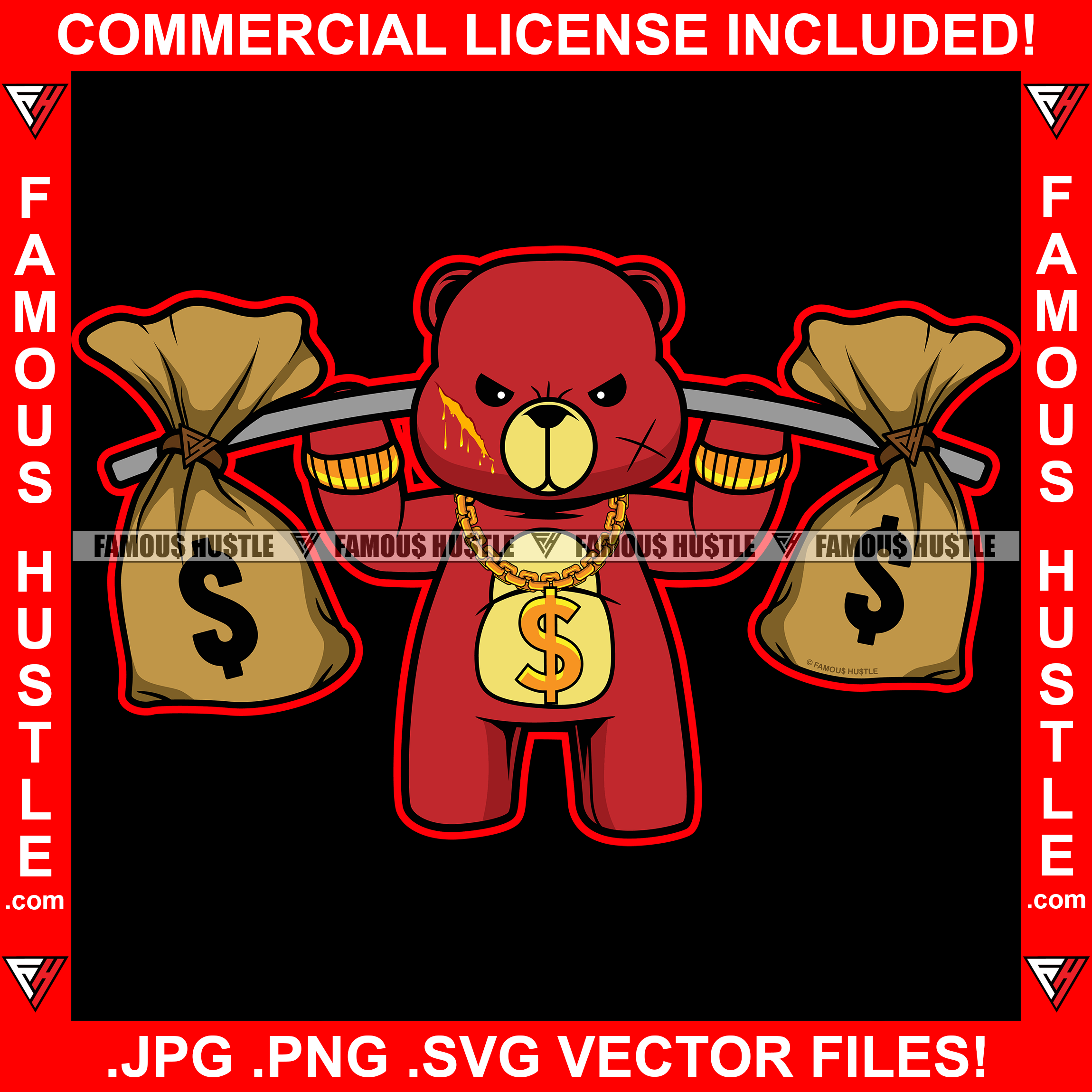 Money Bags Gangster Red Teddy Bear Gold Dollar Sign Necklace Jewelry Scar Face Two Cash Bags On Shoulder Hip Hop Rap Plug Trap Street Hood Ghetto Thug Famous Hustle Art Graphic Design Logo T-Shirt Print Printing JPG PNG SVG Vector Cut File
