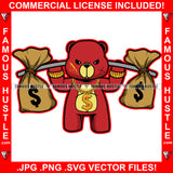 Money Bags Gangster Red Teddy Bear Gold Dollar Sign Necklace Jewelry Scar Face Two Cash Bags On Shoulder Hip Hop Rap Plug Trap Street Hood Ghetto Thug Famous Hustle Art Graphic Design Logo T-Shirt Print Printing JPG PNG SVG Vector Cut File
