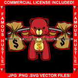 Money Bags Gangster Red Teddy Bear Gold Dollar Sign Necklace Jewelry Scar Face Two Cash Bags On Shoulder Hip Hop Rap Plug Trap Street Hood Ghetto Thug Famous Hustle Art Graphic Design Logo T-Shirt Print Printing JPG PNG SVG Vector Cut File
