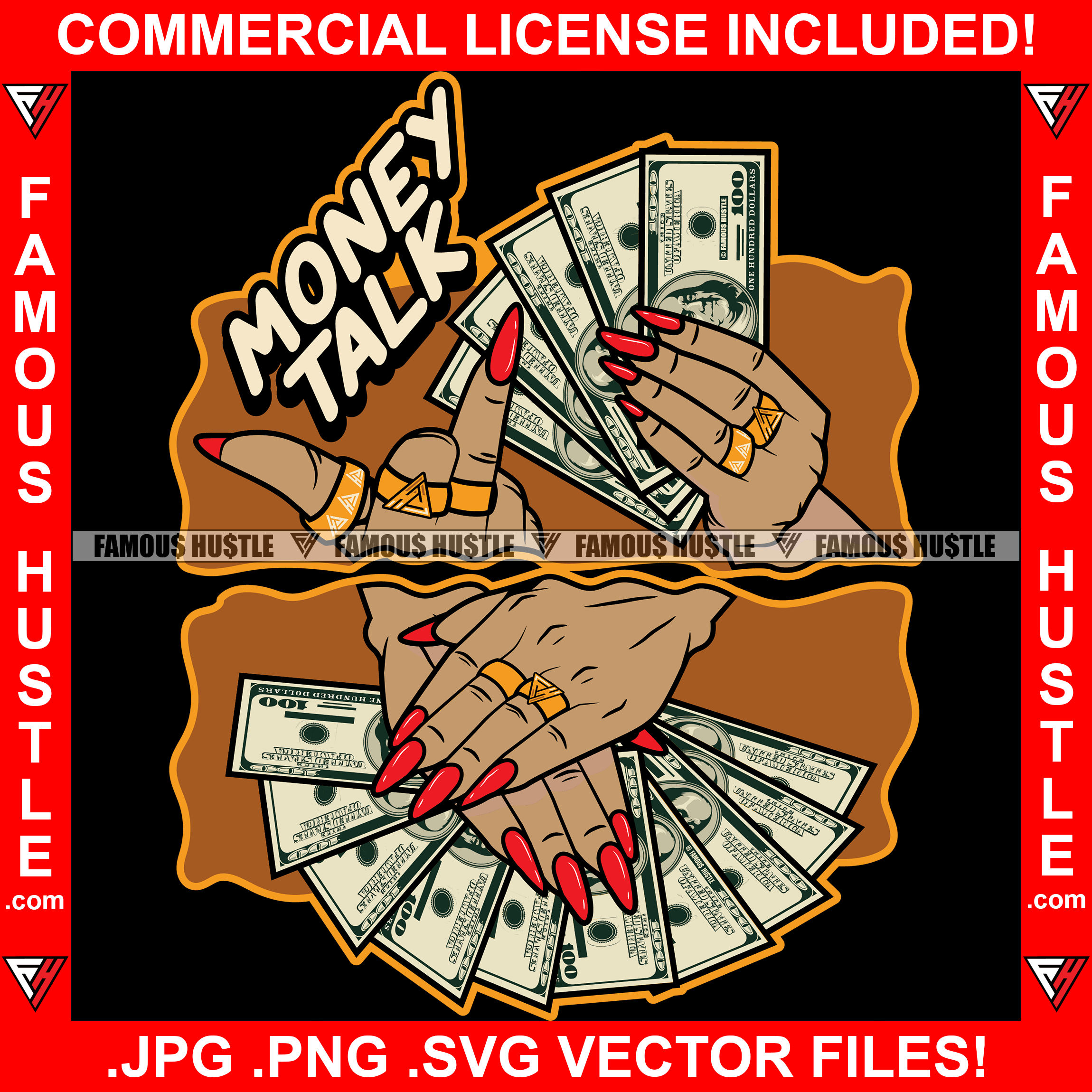 Money Talks Hustle Woman Hand Cash Middle Finger Gold Rings Jewelry Hip Hop Rap Rapper Plug Trap Street Hood Ghetto Swag Thug Hustler Hustling Flex Drip Famous Hustle Quote Art Graphic Design Logo T-Shirt Print Printing JPG PNG SVG Vector Cut File