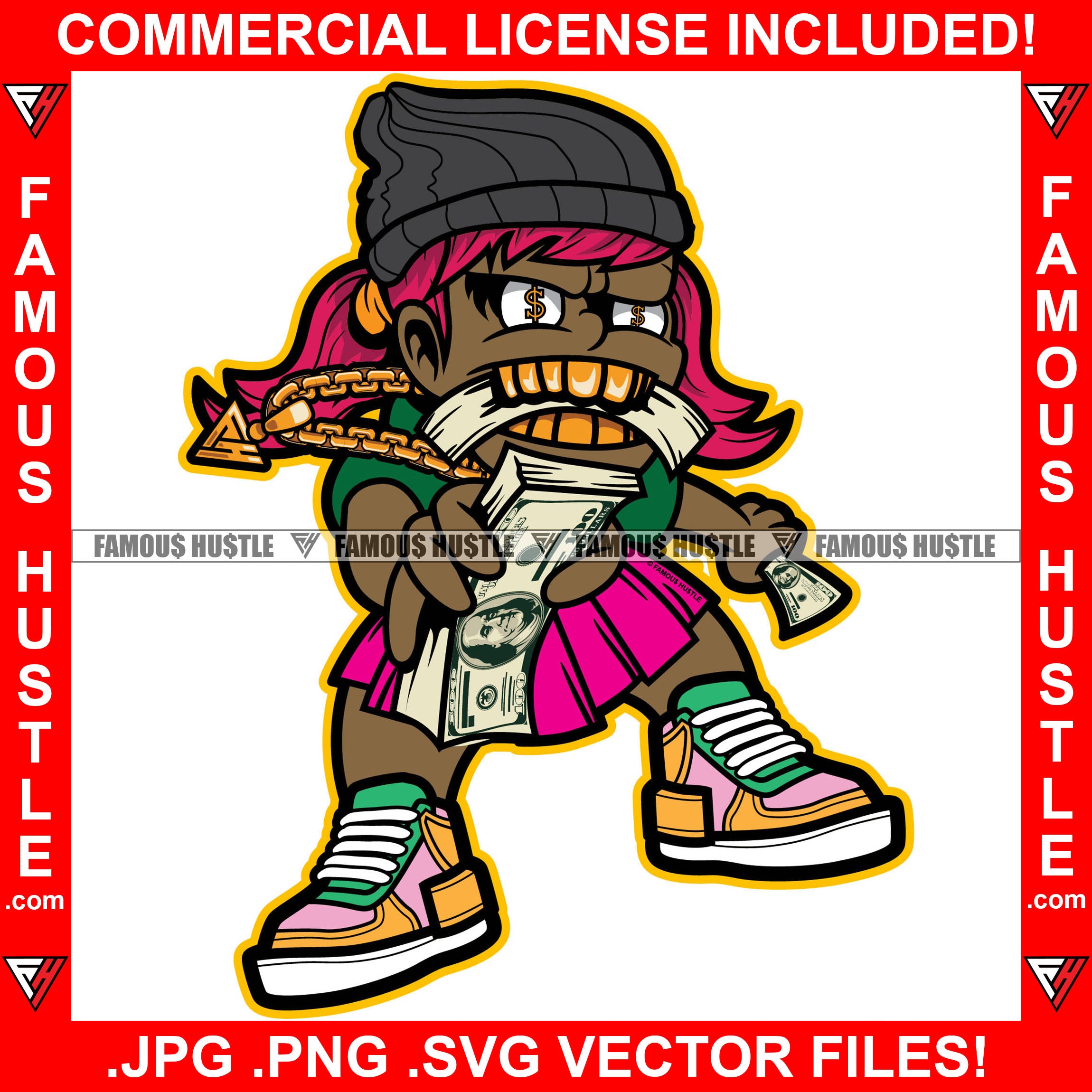 Gangster Girl Gold Teeth Eating Money Stack Dollar Sign Eyes Necklace Cash Hip Hop Rap Rapper Trap Street Hood Swag Thug Hustler Hustling Drip Savage Boss Famous Hustle Quote Art Graphic Design Logo T-Shirt Print Printing JPG PNG SVG Vector Cut File